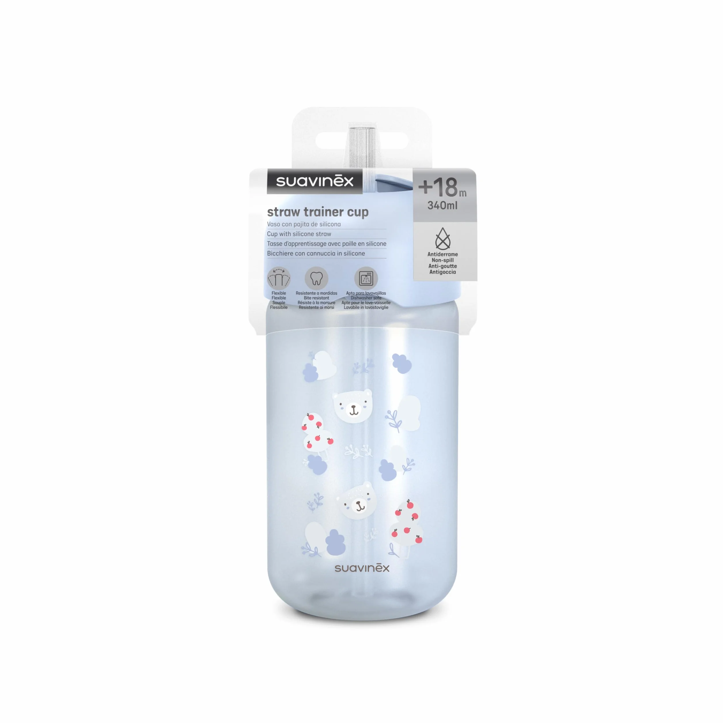 Suavinex, Bicchiere Evolutivo per Neonati+18 Mesi, Bicchiere con Cannuccia in Silicone Morbido e Flessibile, con Sistema Anti-fuoriuscita e Anti-gocciolamento, con Coperchio, 340 ml, Wild&Free Azzurro