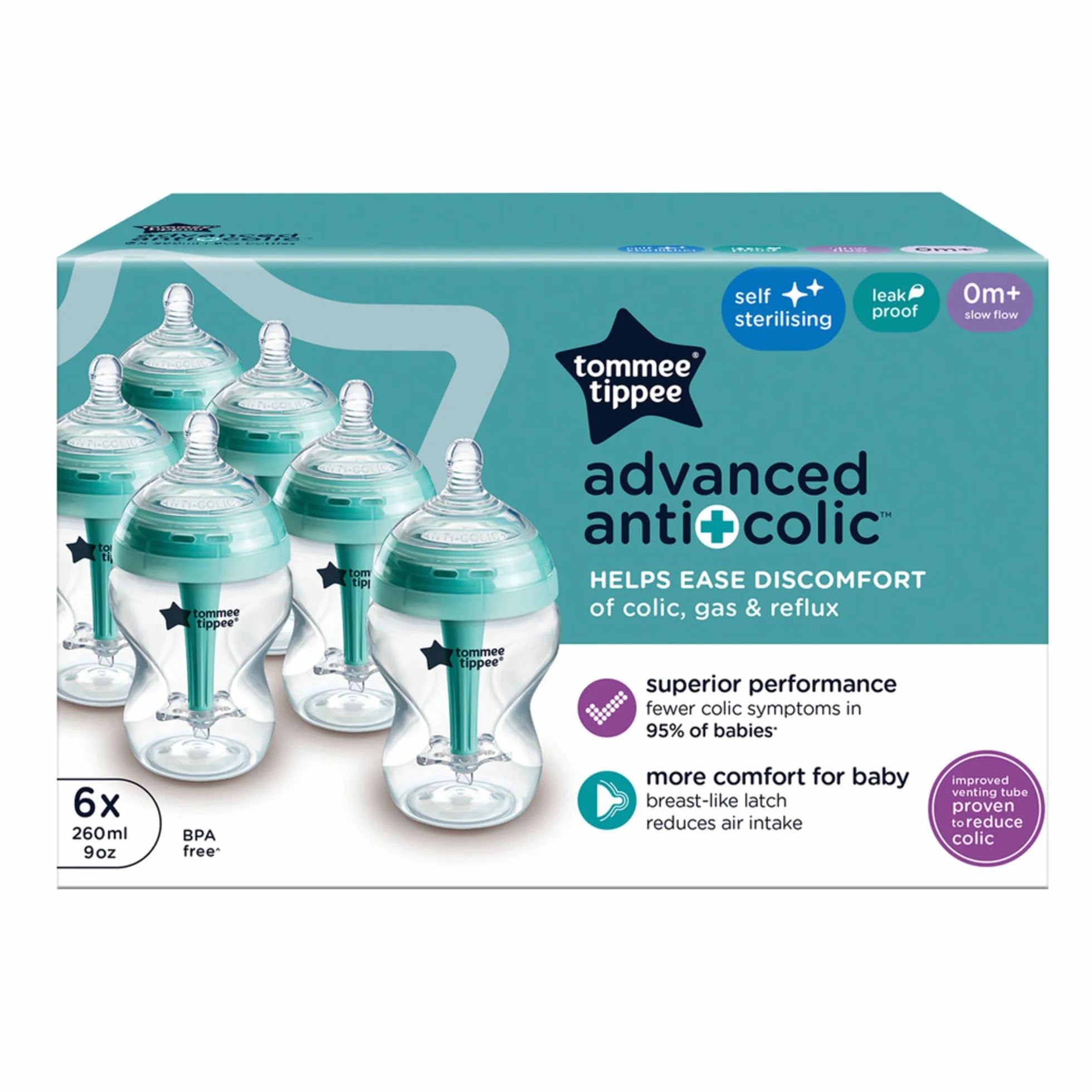 Tommee Tippee biberon, 260ml | biberon anti-colica avanzato, con tettarella simile al seno materno, cannuccia anti-colica ventilata, autosterilizzante