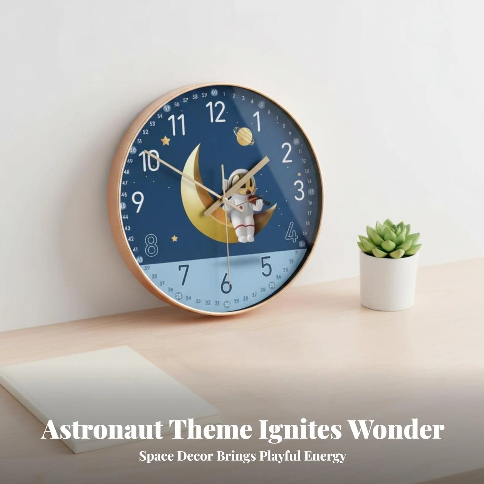 F Fityle Orologio da Parete Senza ticchettio Silenzioso 8" per cameretta dei Bambini, Astronauta Luna