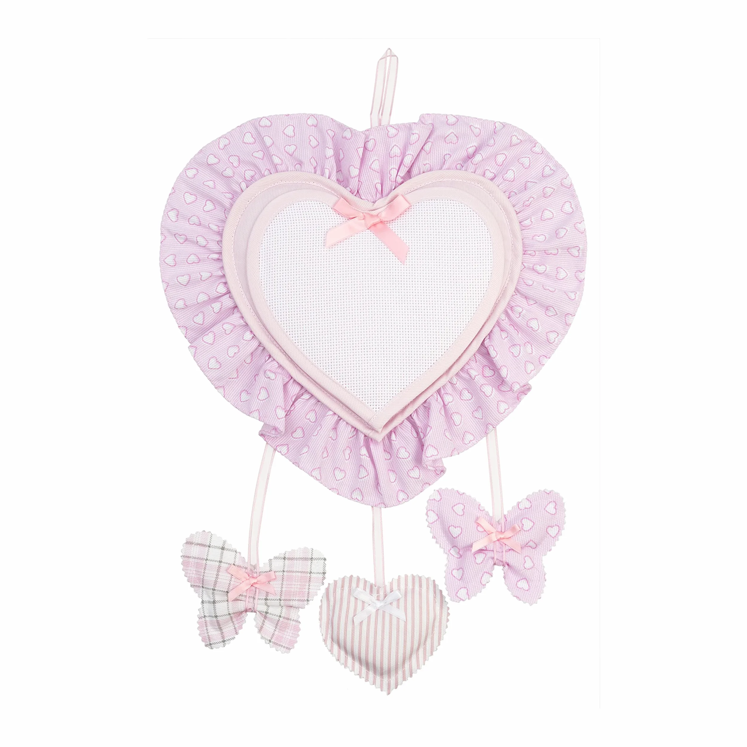 FILET - Fiocco Nascita a Forma di Cuore | Inserto in tela Aida da Ricamare | Pendagli a Forma di Farfalle e Cuori | Realizzato in cotone | Made in Italy | Colore Rosa