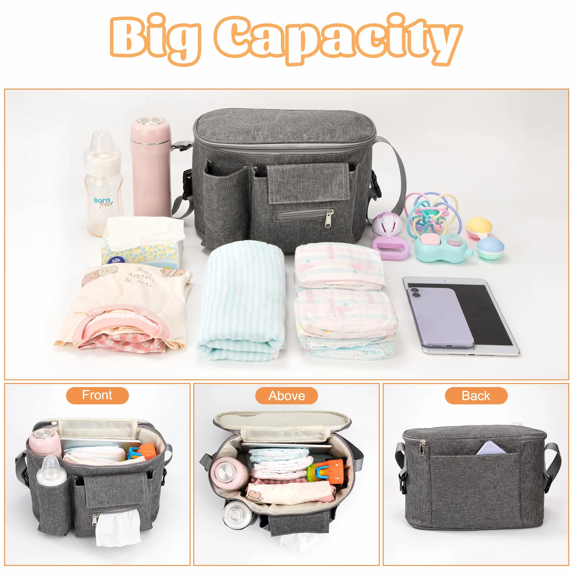 Borsa Organizer per Passeggino Universale con 3 Portabicchieri Borsa Neonato Passeggino con Spallacci Regolabili per Biberon Pannolini Salviette Giocattoli