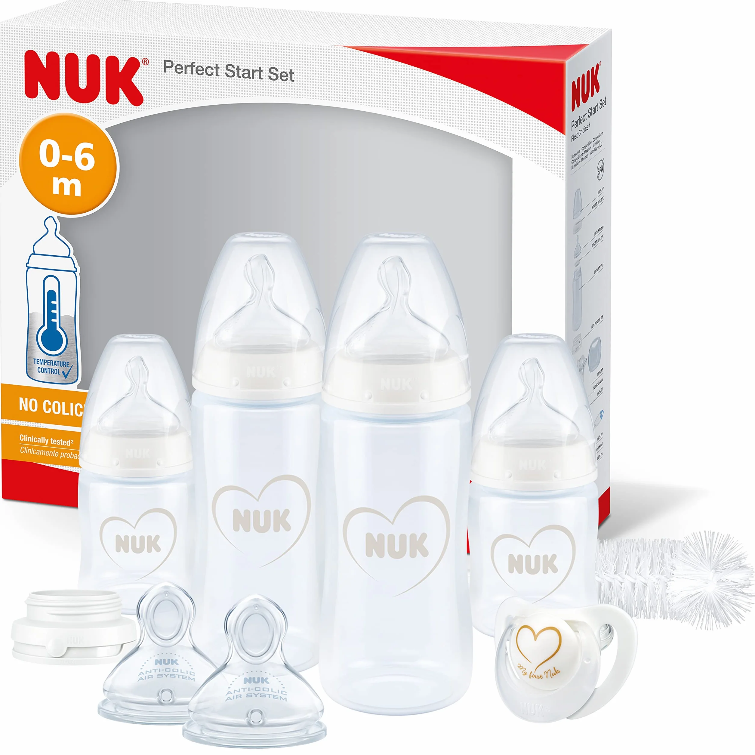 NUK Perfect Start First Choice+ set biberon | 0-6 mesi | 4 biberon anti-colica, succhietto, spazzola per biberon e altro ancora | Senza BPA | 10 pezzi