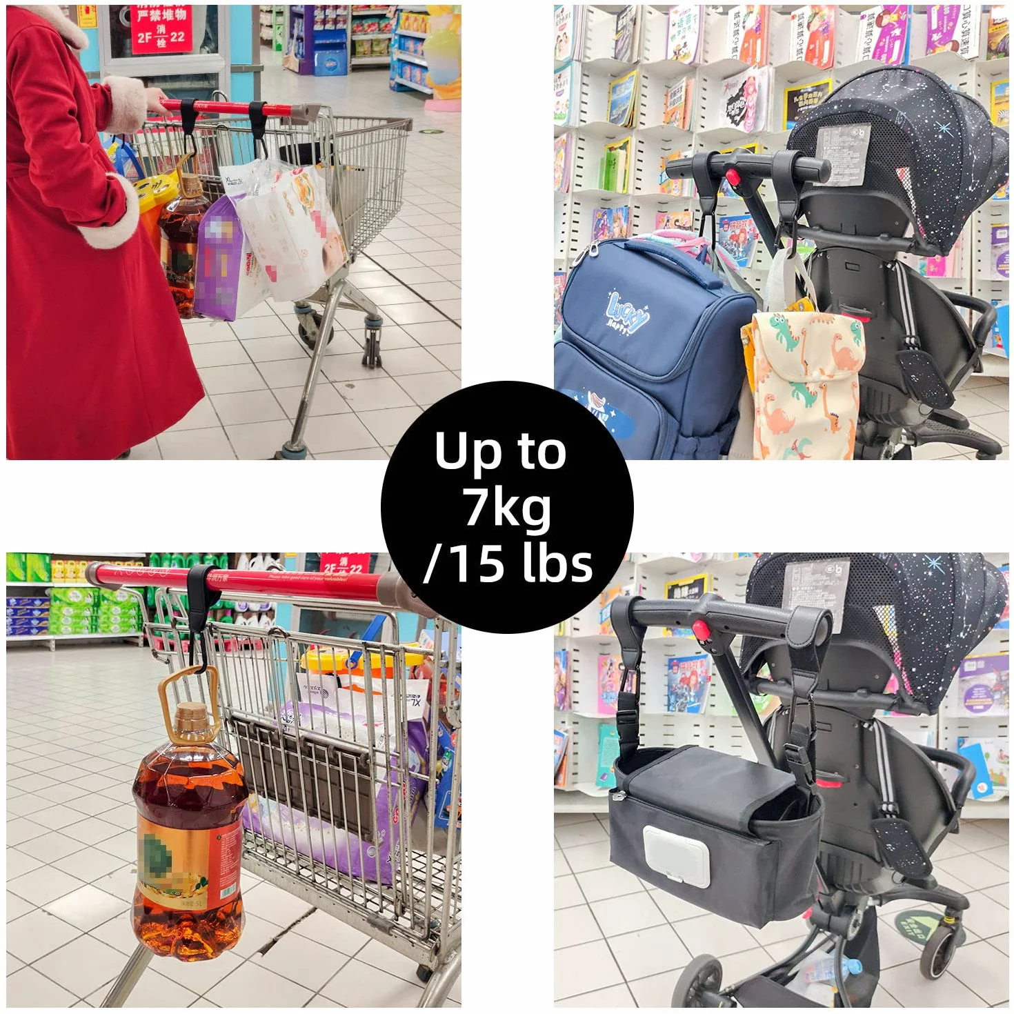 Ganci Passeggino Universali, LYHURK Ganci Borsa Passeggino Ganci Borse Moschettoni, Adatto Per Viaggiare, Uscire, Usare Il Passeggino - 2 Pezzi (Nero)
