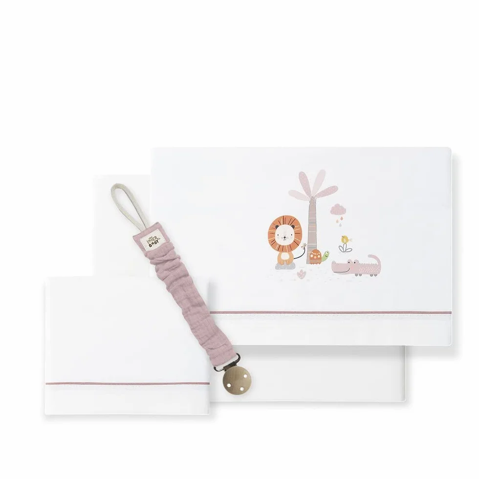 Set 3 pezzi - Lenzuolo lettini con portaciuccio in mussola Leone palma bianco chiaro