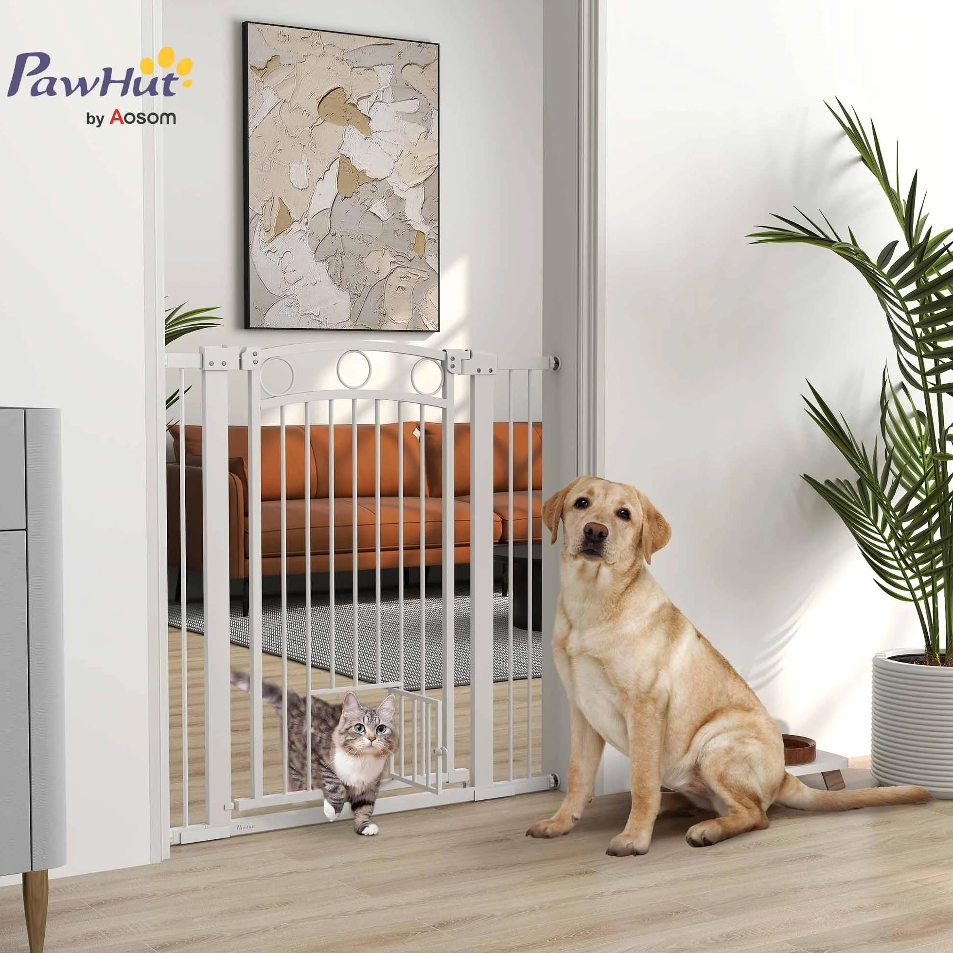 PawHut Cancelletto per Cani da Interno, Cancelletto di Sicurezza con 2 Estensioni 76-104 cm e Porta per Gatti, Cancello per Cani Animali Domestici Alto 106 cm per Corridoio e Scale, Bianco