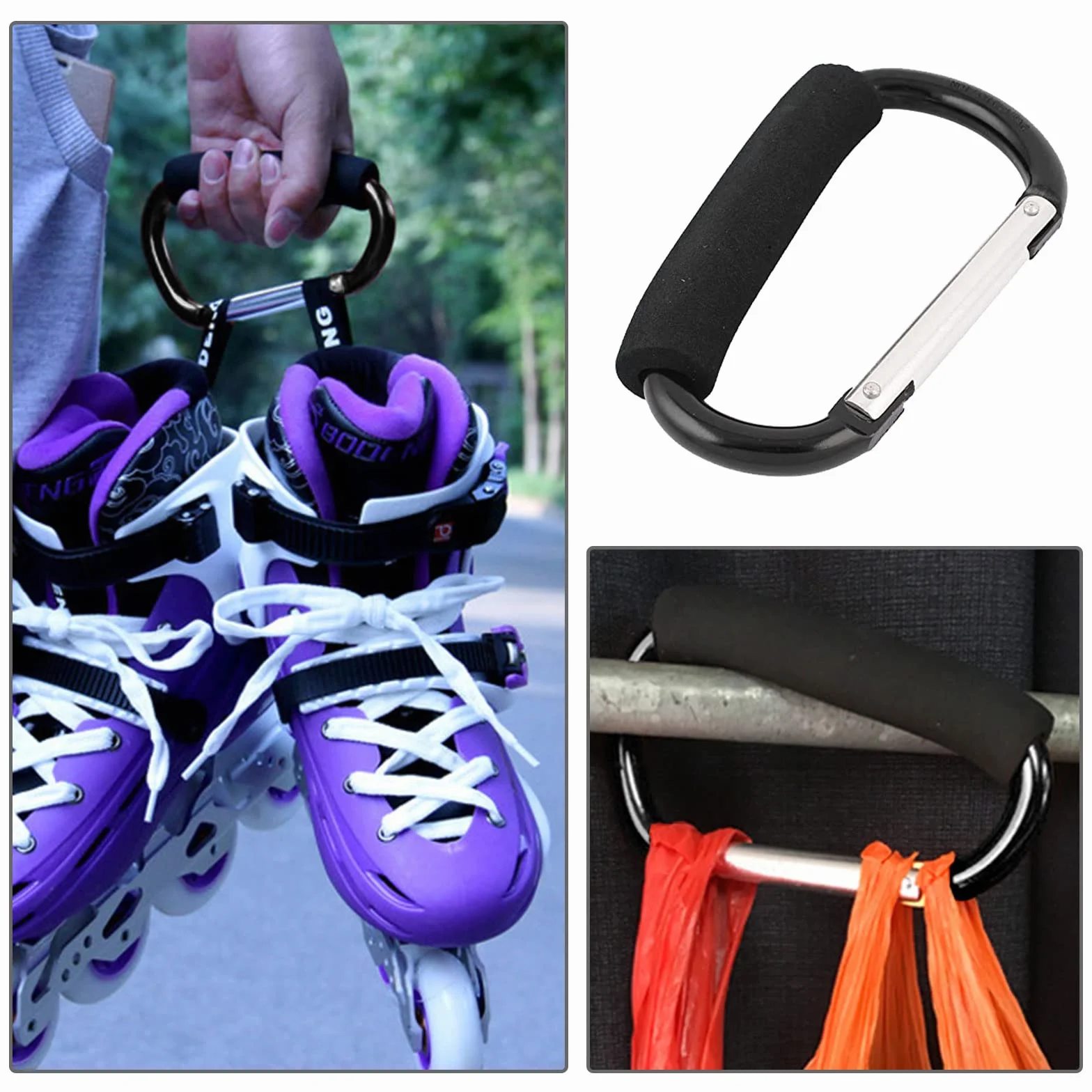 TSHAOUN 3 Pezzi Buggy Ganci Moschettone, Gancio Universale Passeggino, Moschettone per Passeggino, Gancio per Borsa per Pannolini, Aggancio per Borse con Imbottitura di Protezione