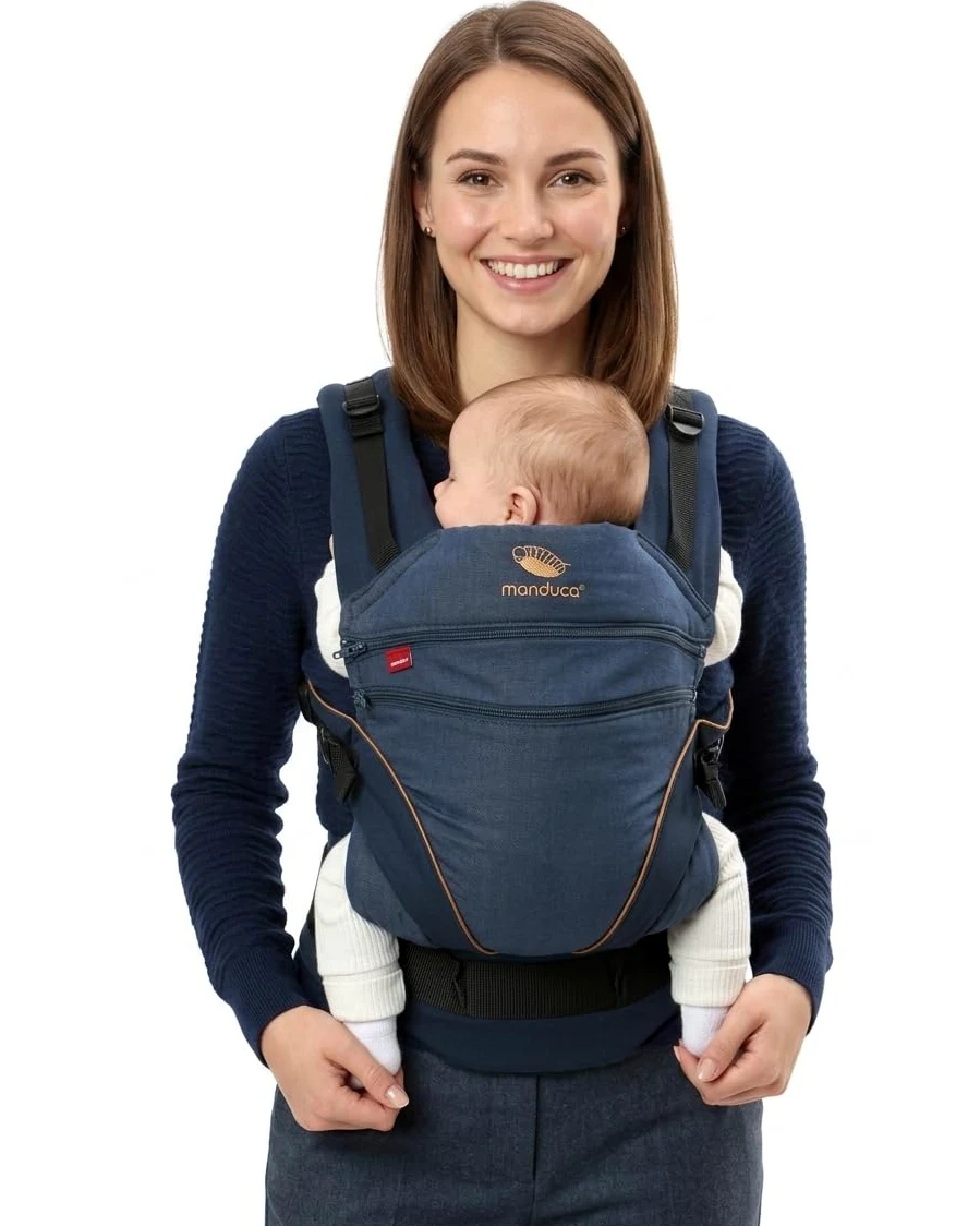 manduca XT Baby Carrier > Uno per Tutti < Marsupio Ergonomico e Flessibile con Seduta Regolabile, Neonati dalla Nascita e Bambini fino a 20kg, Cotone Biologico (denimblue-toffee/jeans blu-caramello)