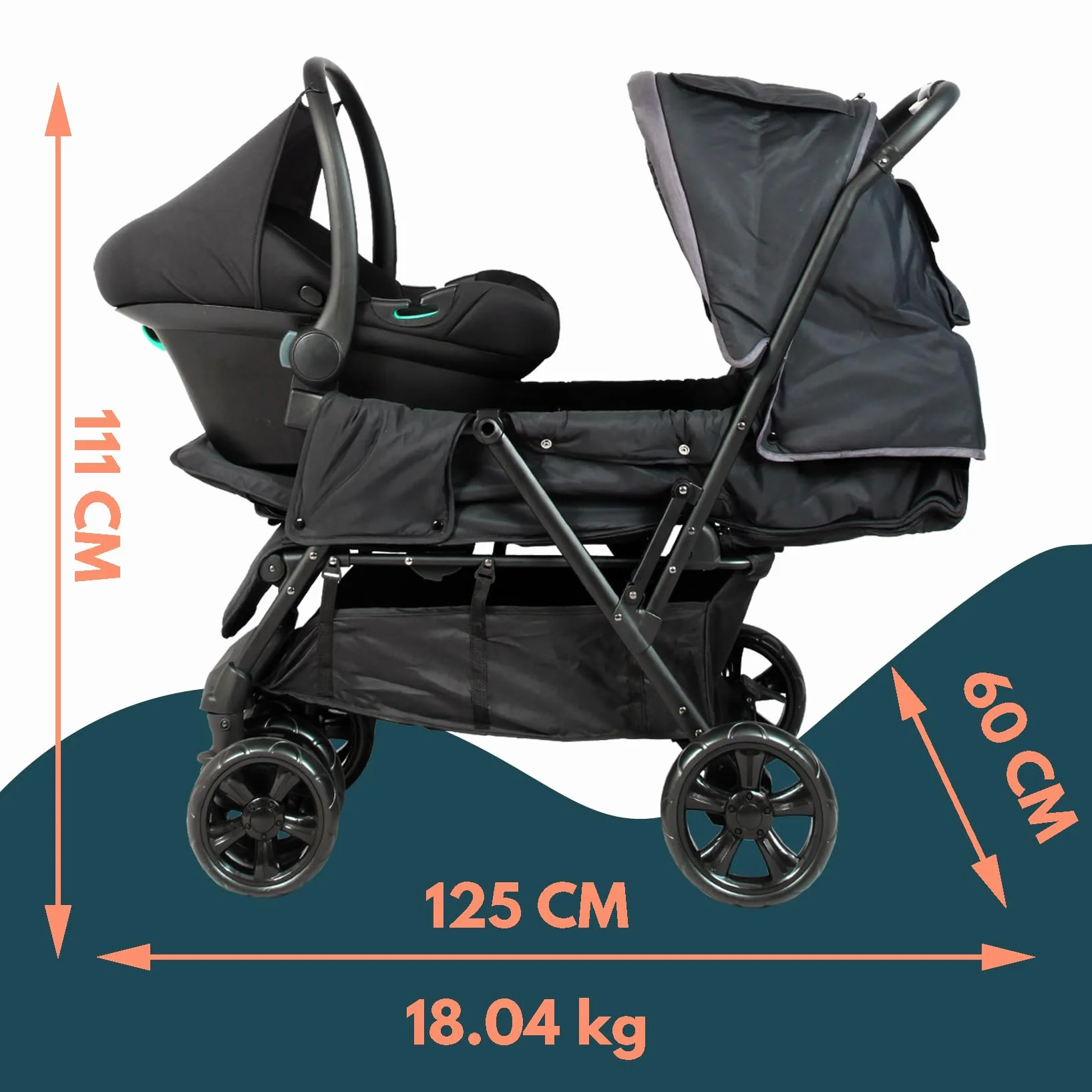 Passeggino gemellare doppio - BAMBISOL - Passeggino doppio combinato + Seggiolino auto I-size - 4 ruote - Nero