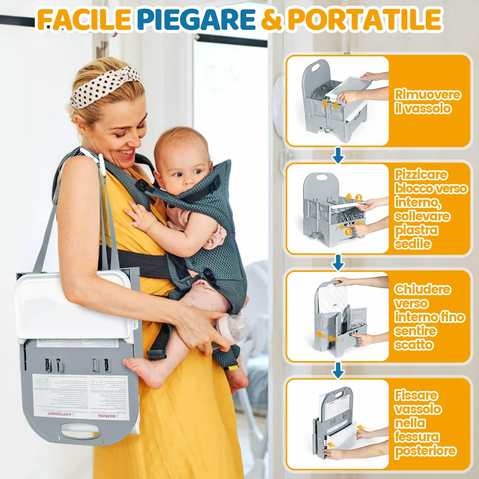 Orzbow Sedia pieghevole per bambini, stabile seggiolone da viaggio con vassoio rimovibile, materiale ABS e struttura stabile, sedia da campeggio portatile per bambini da 6 mesi a 3 anni, 15 kg, grigio