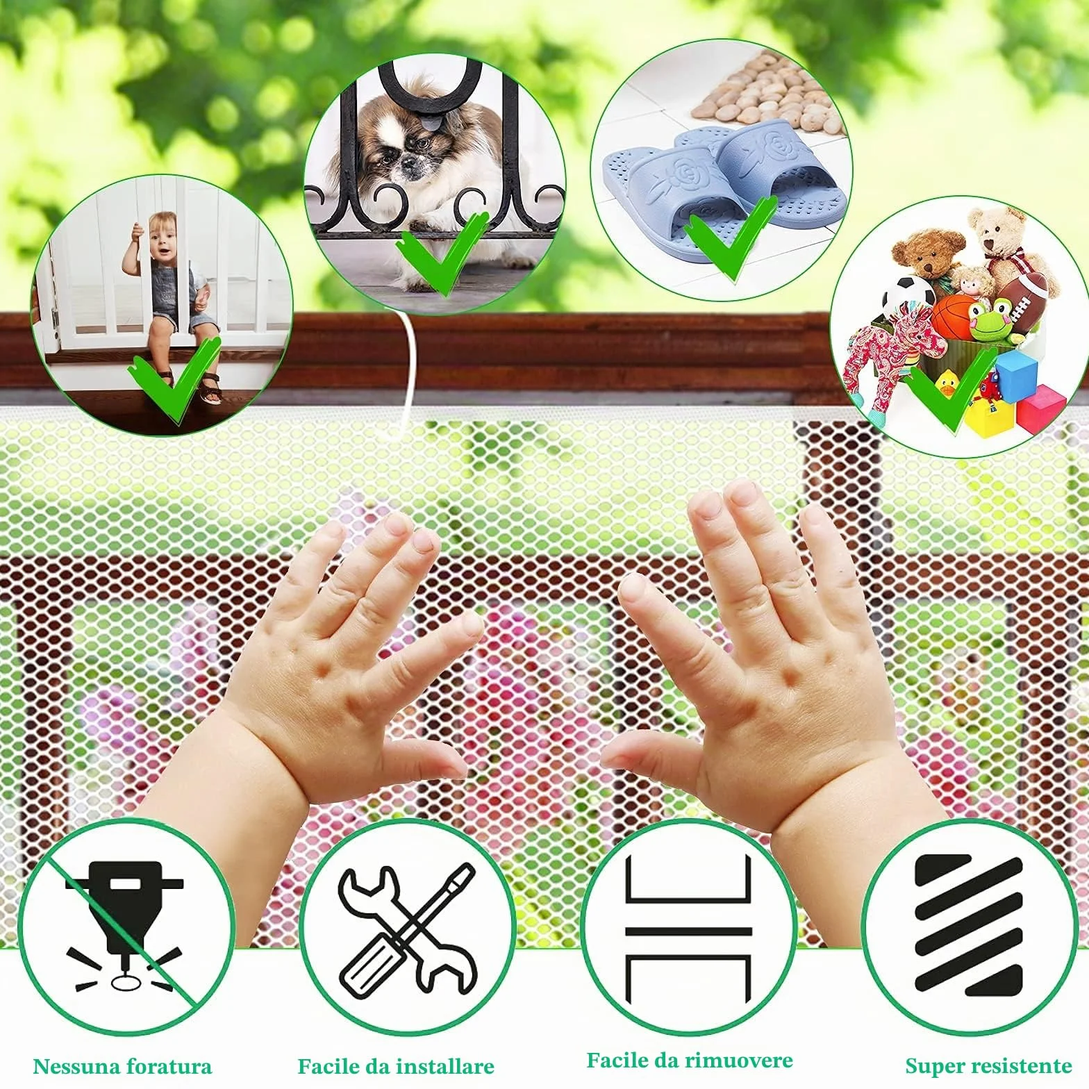 Rete di sicurezza per bambini, rete di protezione per balcone e scala, 300 x 90 cm, robusta, regolabile, recinto per scale, barriera di sicurezza in rete per gatti e giocattoli, bianco