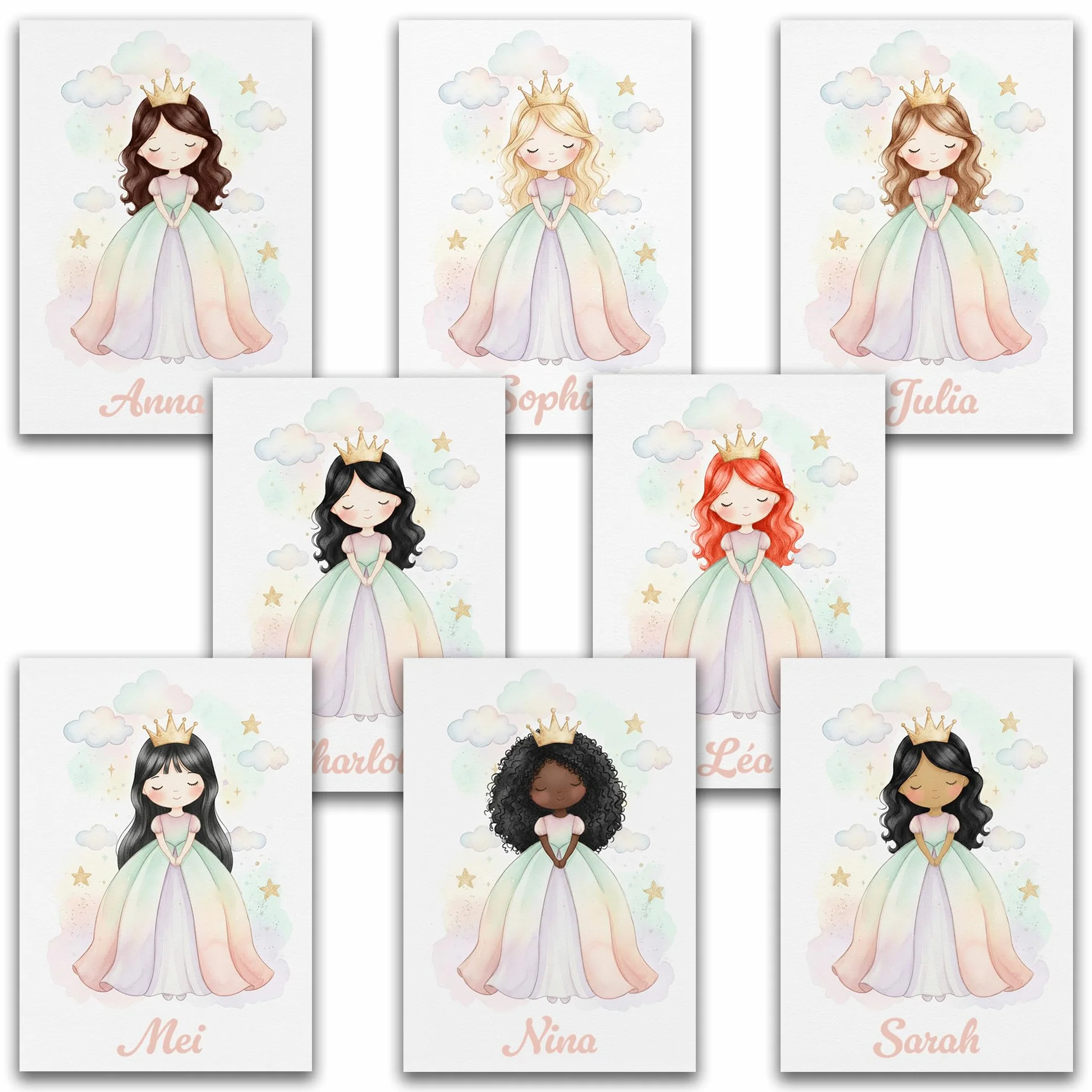 Triangle Déco Poster personalizzato nome Principessa dai capelli marroni con o senza Cornice pastello acquerello fata ragazza Poster Tela o Plexiglass regalo nascita compleanno Natale camera bambini