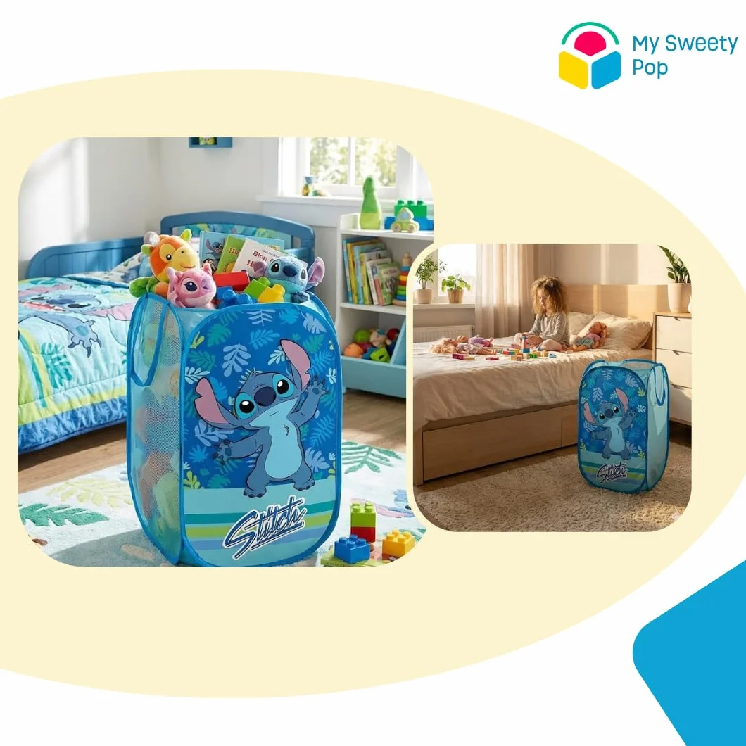 Cesto portabiancheria per bambini Lilo e Stitch | Organizer in tessuto rettangolare | Vassoio per giocattoli pieghevole con manici | 36 x 36 x 58 cm | Decorazione per camera da letto