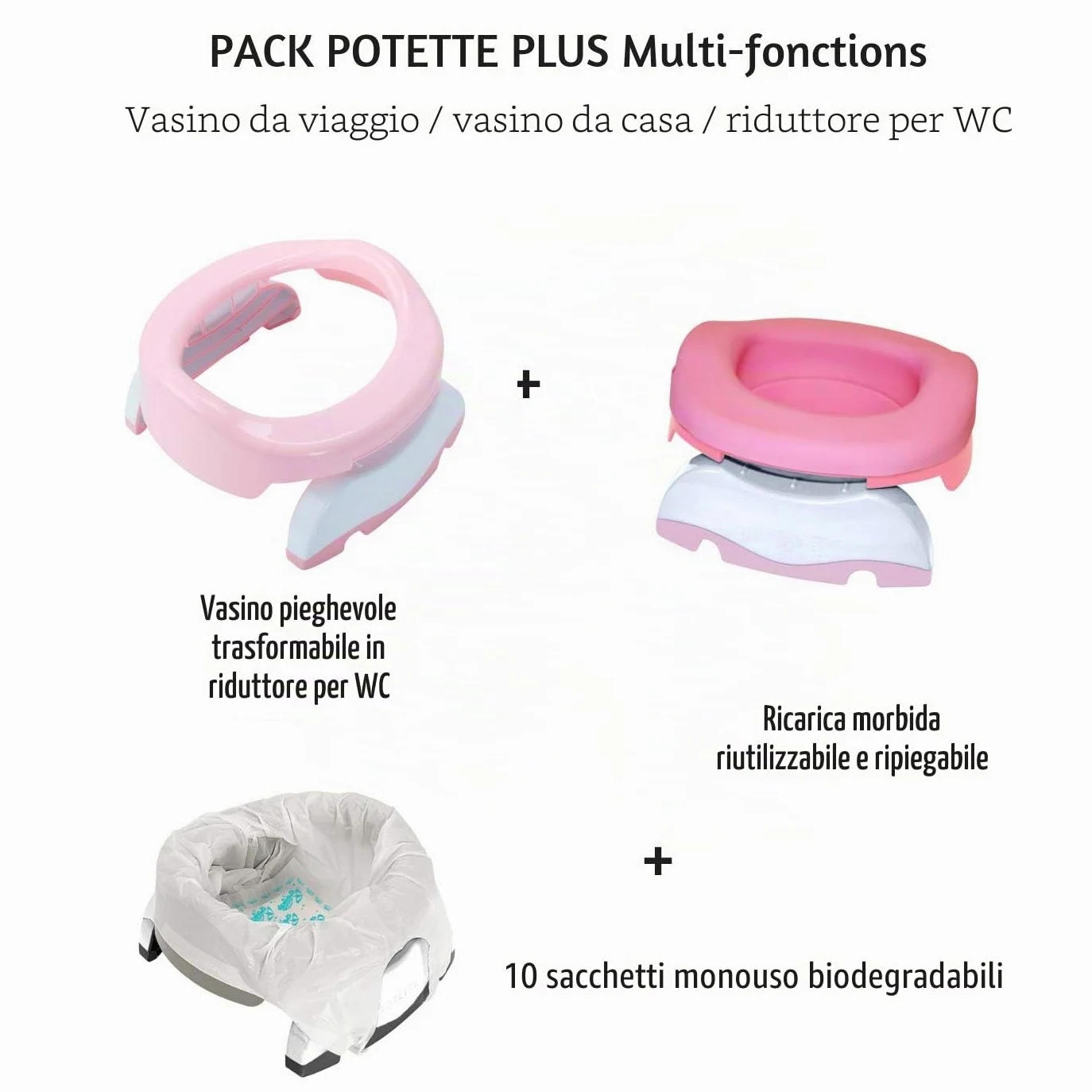 POTETTE PLUS Set di vasetto multifunzionale: vasetto da viaggio, riduttore per WC, vaso da casa grazie alla ricarica morbida e 10 ricariche usa e getta (rosa chiaro)