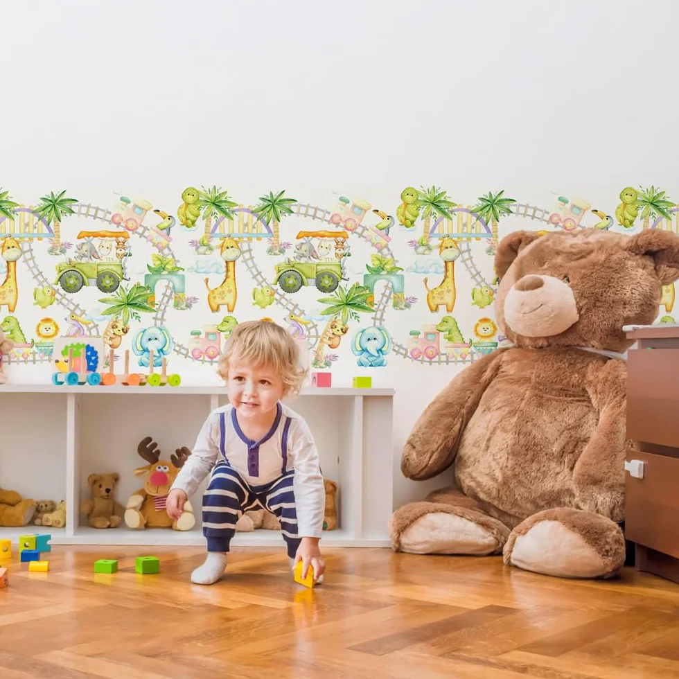 kina - SM0054 Adesivi Murali Fasce per Camerette Bambini - Grafica Trenino dello zoo Greche Protezione e Decorazione Pareti Rivestimento Mobili Tavoli e Armadi 30x130 cm