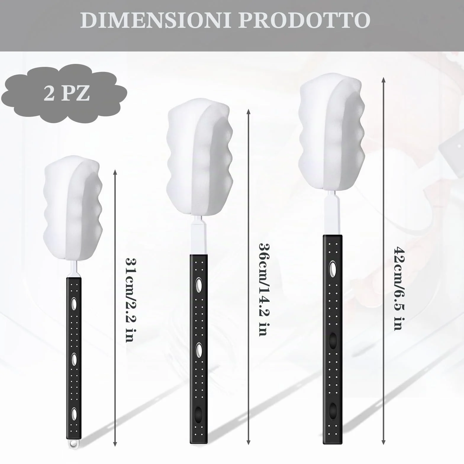 2 pezzi Scovolino per Bottiglie in Spugna, Scovolino Bottiglie, Manico Regolabile Scovolino per Borraccia, Spazzola per Bottiglie, Pennelli per Bottiglie per Biberon, Vetro, Tazza, Bollitore, Vaso