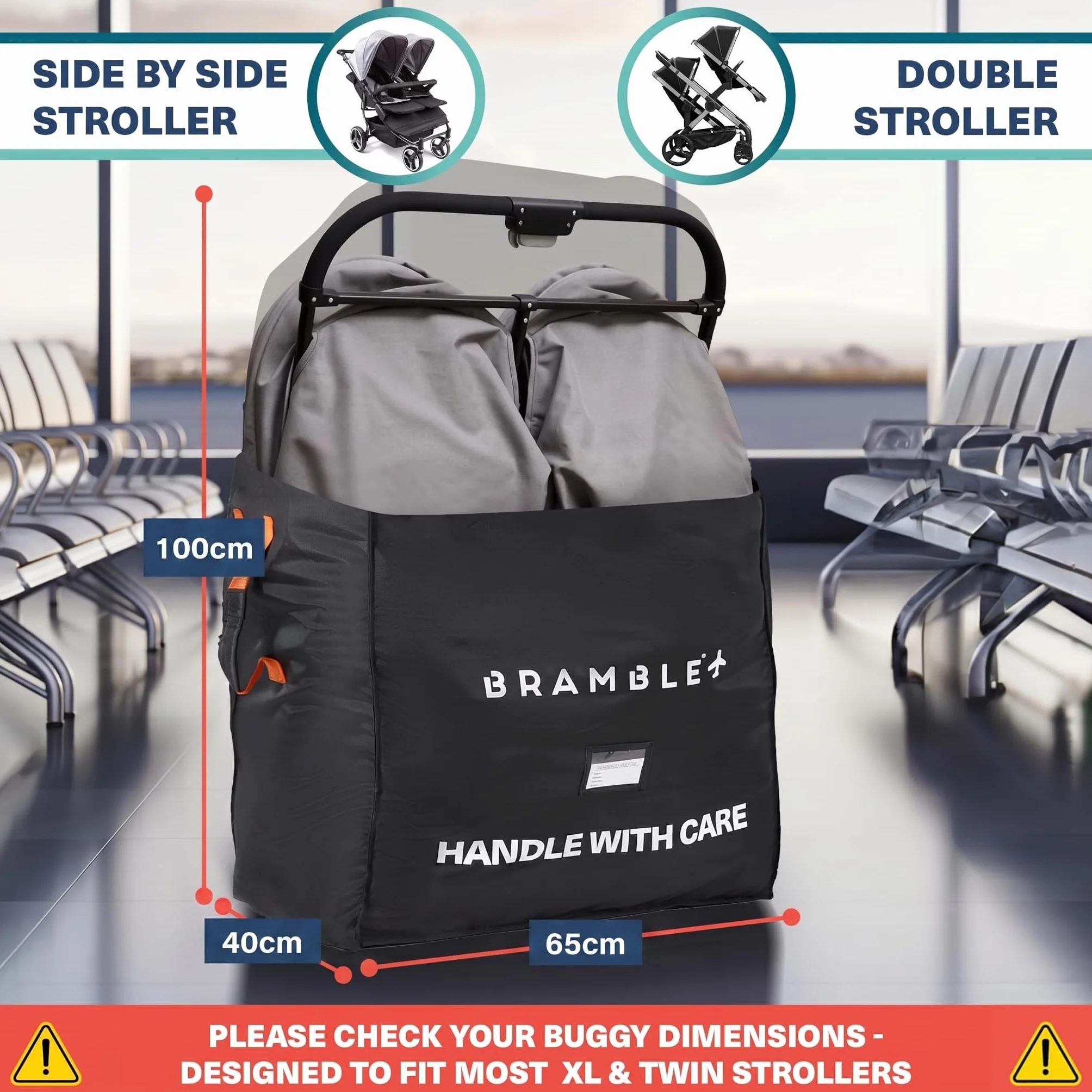 Bramble - Borsa da Trasporto Passeggino Gemellare XL per Aereo Gate Check - Nylon Balistico Idrorepellente con Spallacci Neoprene, Sacca & Finestra ID - 100 x 65 x 40 cm (Nero)