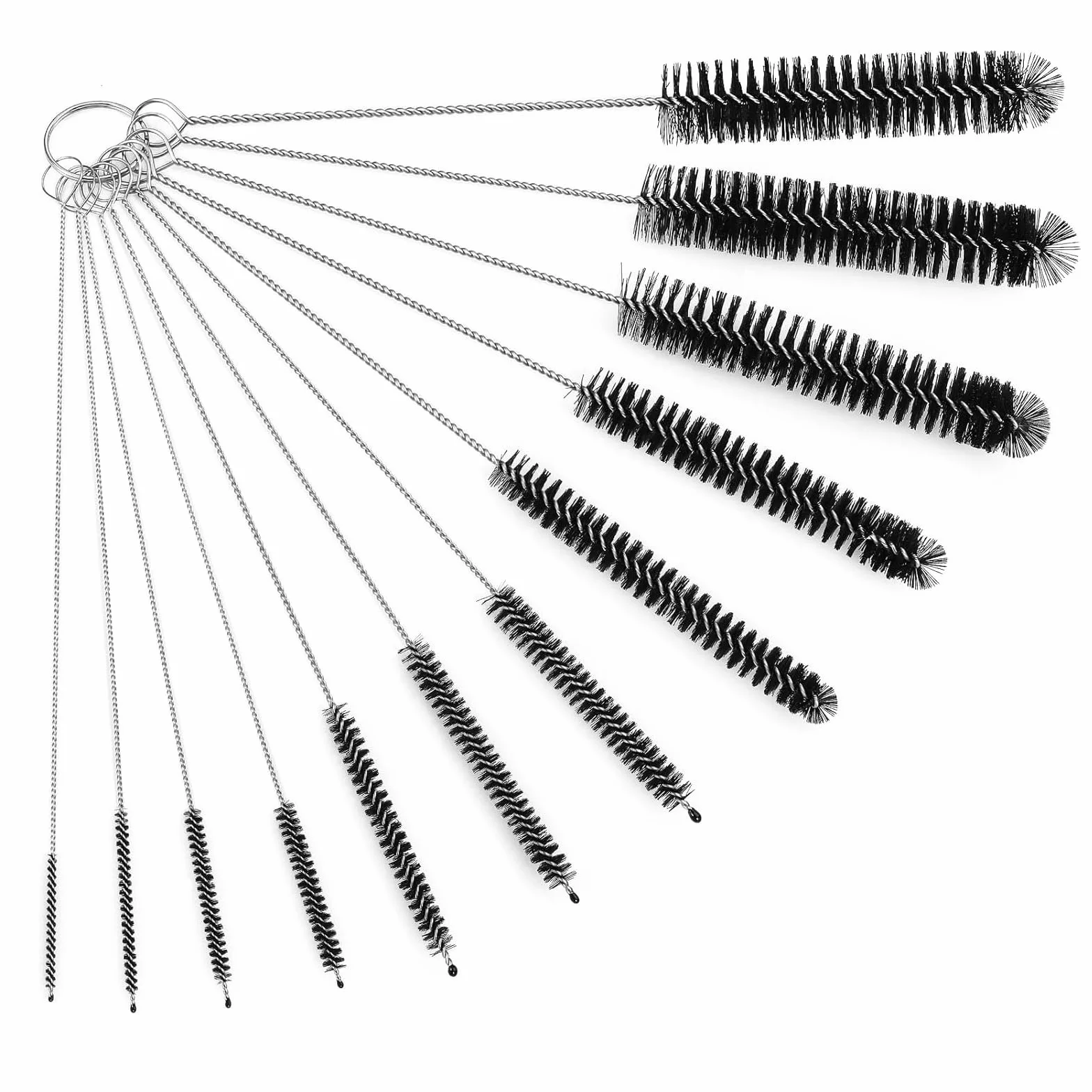 Set di 12 Spazzole per Pulizia, Spazzole in Nylon Lunghezza 21cm con Manico in Acciaio Inox, per Macchina da Caffè, Cannucce, Bottiglie, Tubi del Latte e Spazi Stretti, Multifunzione - Nero