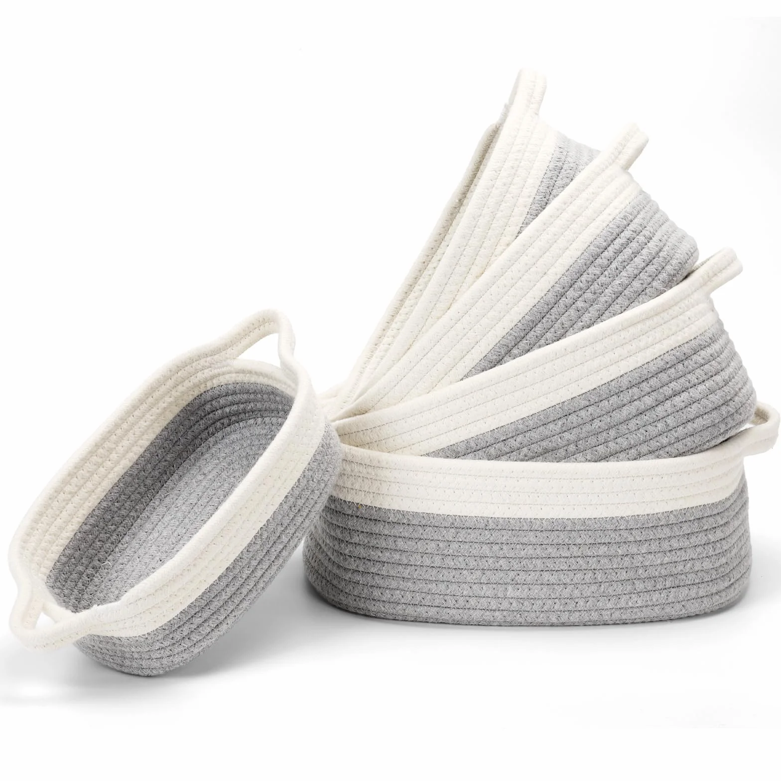 Cinnani Set di 5 Cestini Portaoggetti Intrecciato in Corda di Cotone, Impilabile Organizer Fasciatoio, Decorazione Cesto Portaoggetti per Bagno, Armadio, Camera da Letto, Soggiorno (Bianco/Grigio)
