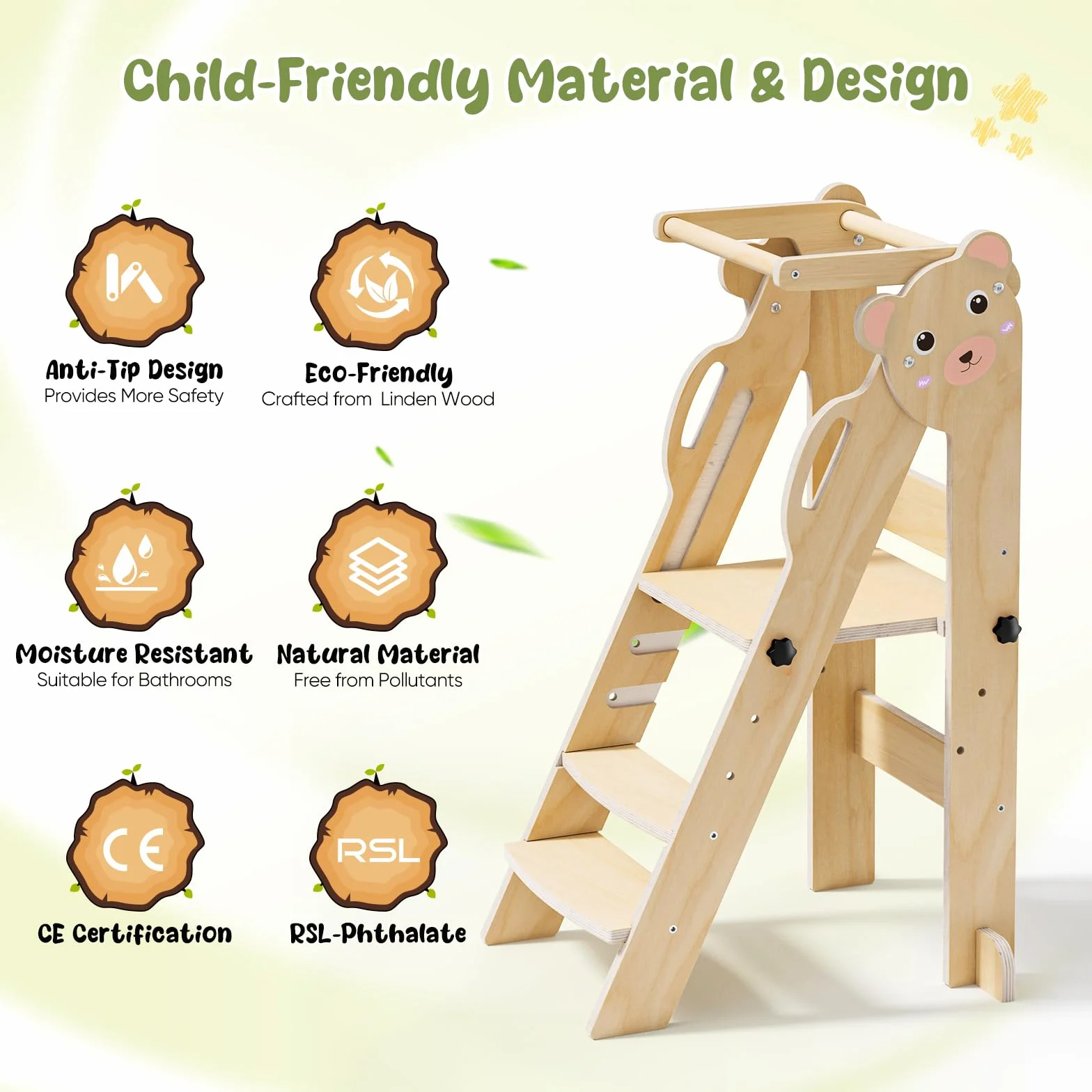 Torre di Apprendimento Pieghevole, 3 Altezze Regolabili, Fold Legno Torre Montessoriana da 1 a 6 Anni per Bambini, Montessori Learning Legno Naturale Kitchen Helper