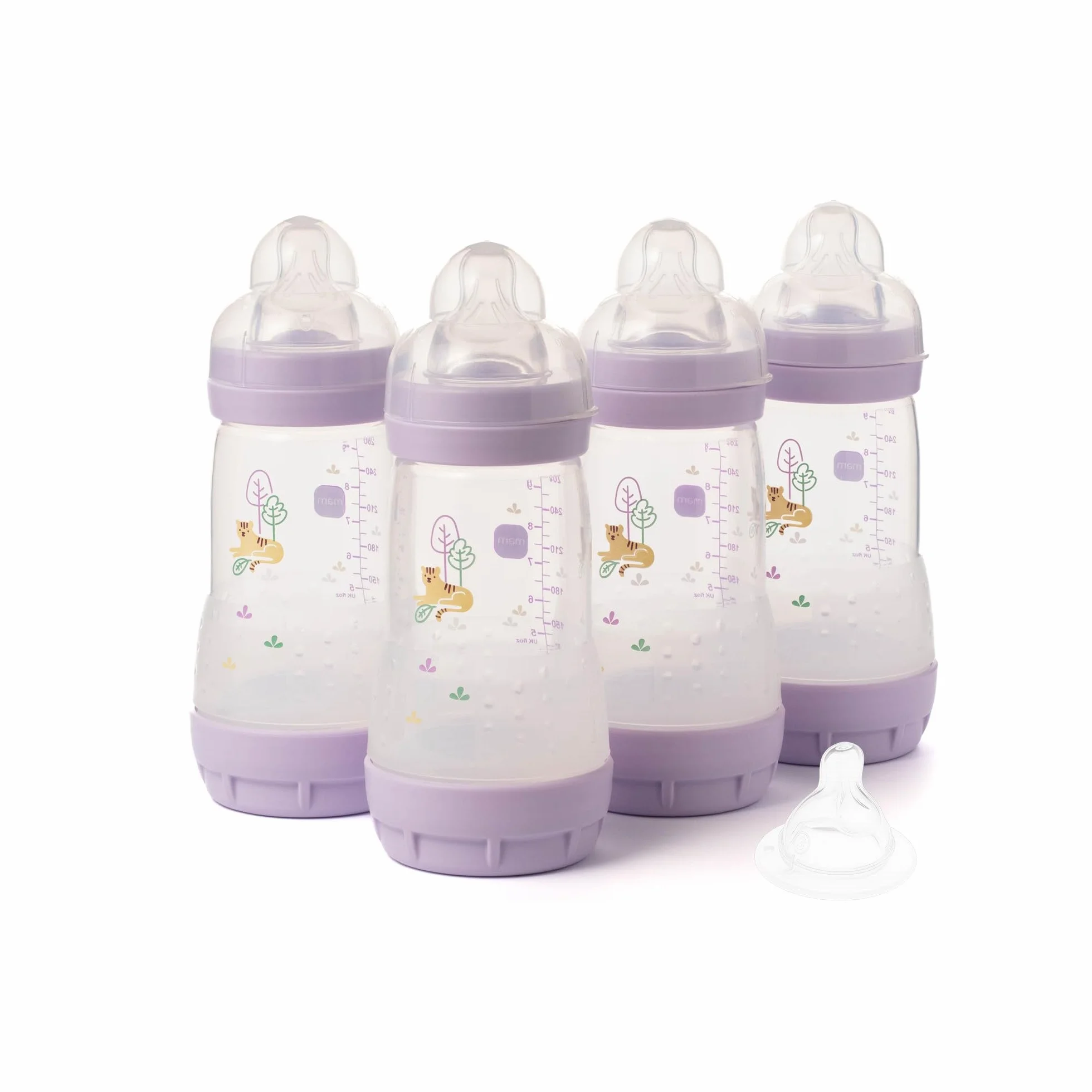 MAM Biberon anti-coliche Easy Start | Confezione da 4 (4 x 260 ml) | Biberon autosterilizzante | Tettarelle MAM a flusso medio misura 2 + 1 tettarella a flusso rapido misura 3 | rosa (vari disegni)