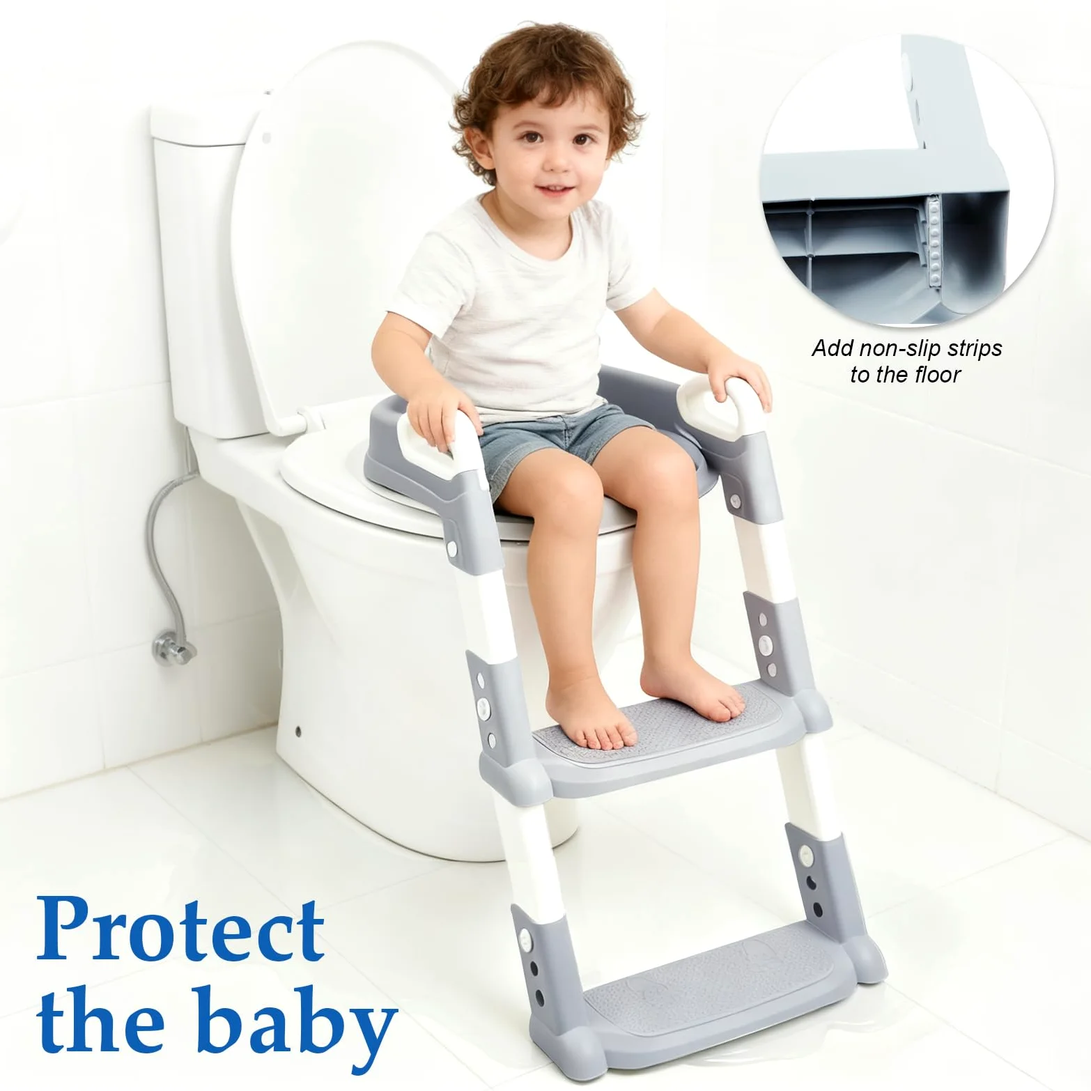 Riduttore WC Bambini 3 in 1 con Scaletta e Cuscino Rimovibile, Altezza Regolabile, Antiscivolo con Rivestimento in PU Morbido, Adattore Water Pieghevole per Addestramento (2-7 anni, Grigio)