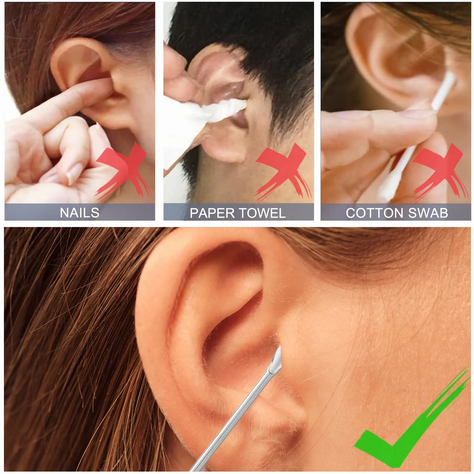Cucchiaio per Orecchie Kit di Rimozione del Cerume Pulisci Orecchie in Acciaio Inossidabile con Scatola Portatile Argento 6 Pezzi