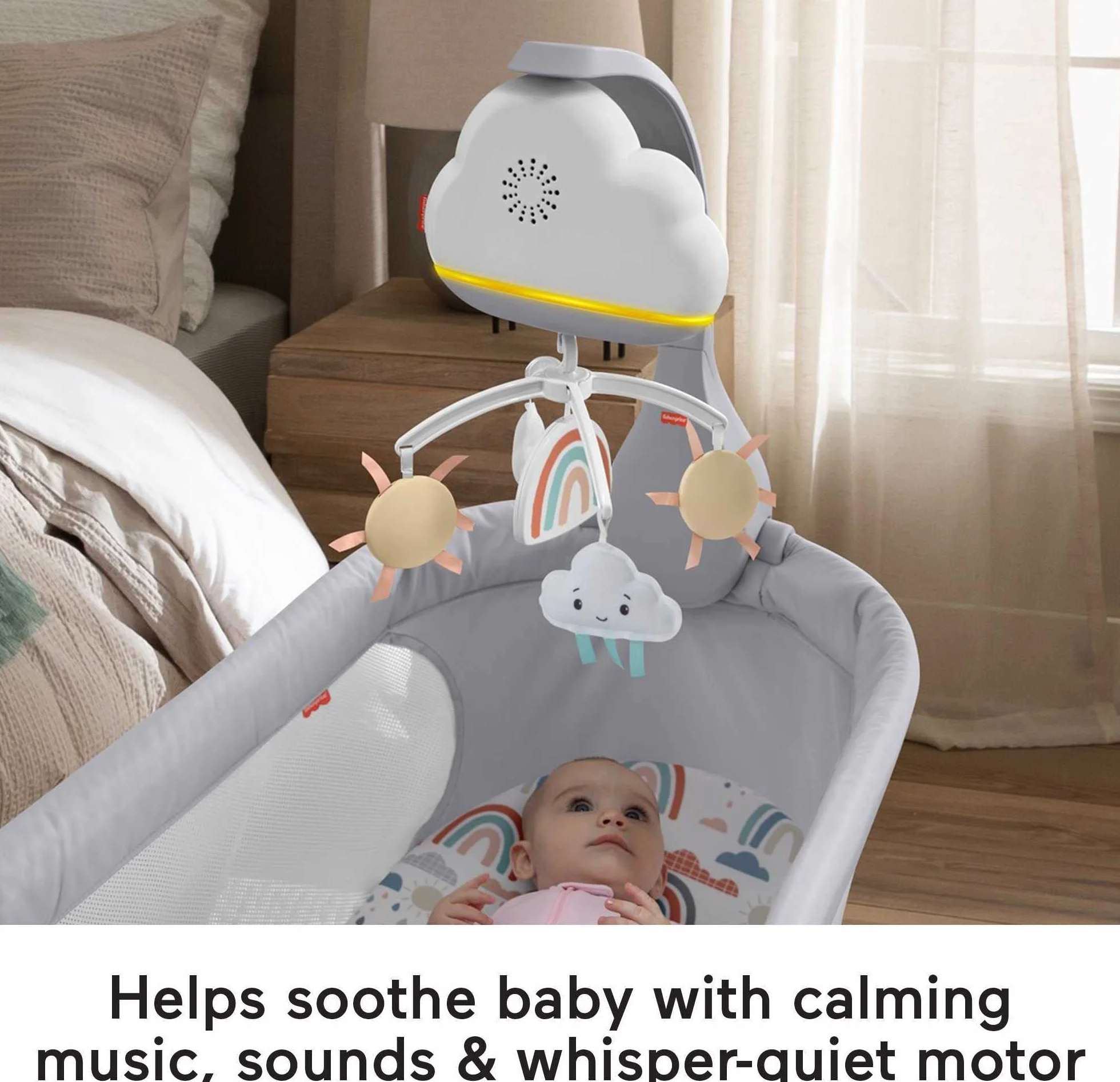 Fisher-Price-Giostrina Dolce Arcobaleno per Culla Fianco Letto, Unità Rilassante da Appoggio e Unità Sonora da Culla, Compatibile con le Culle, Giocattolo per Bambini 0+ Mesi, HBP40