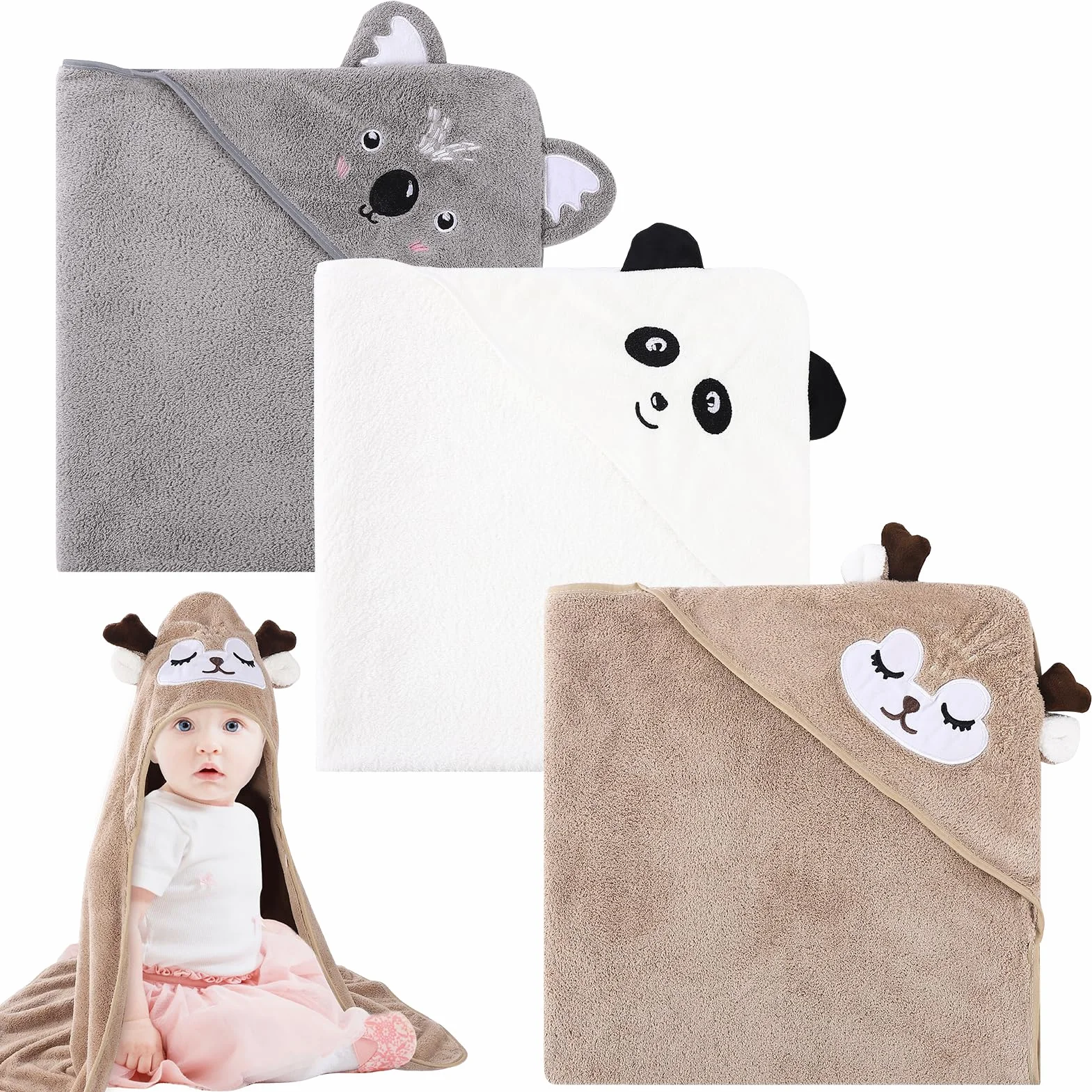 3 asciugamani da bagno con cappuccio per bambini, asciugamano per bebè, asciugamano per neonato, asciugamano da bagno per piscina, 80 x 80 cm, mantello da bagno 0-5 anni, cachi, bianco, GR