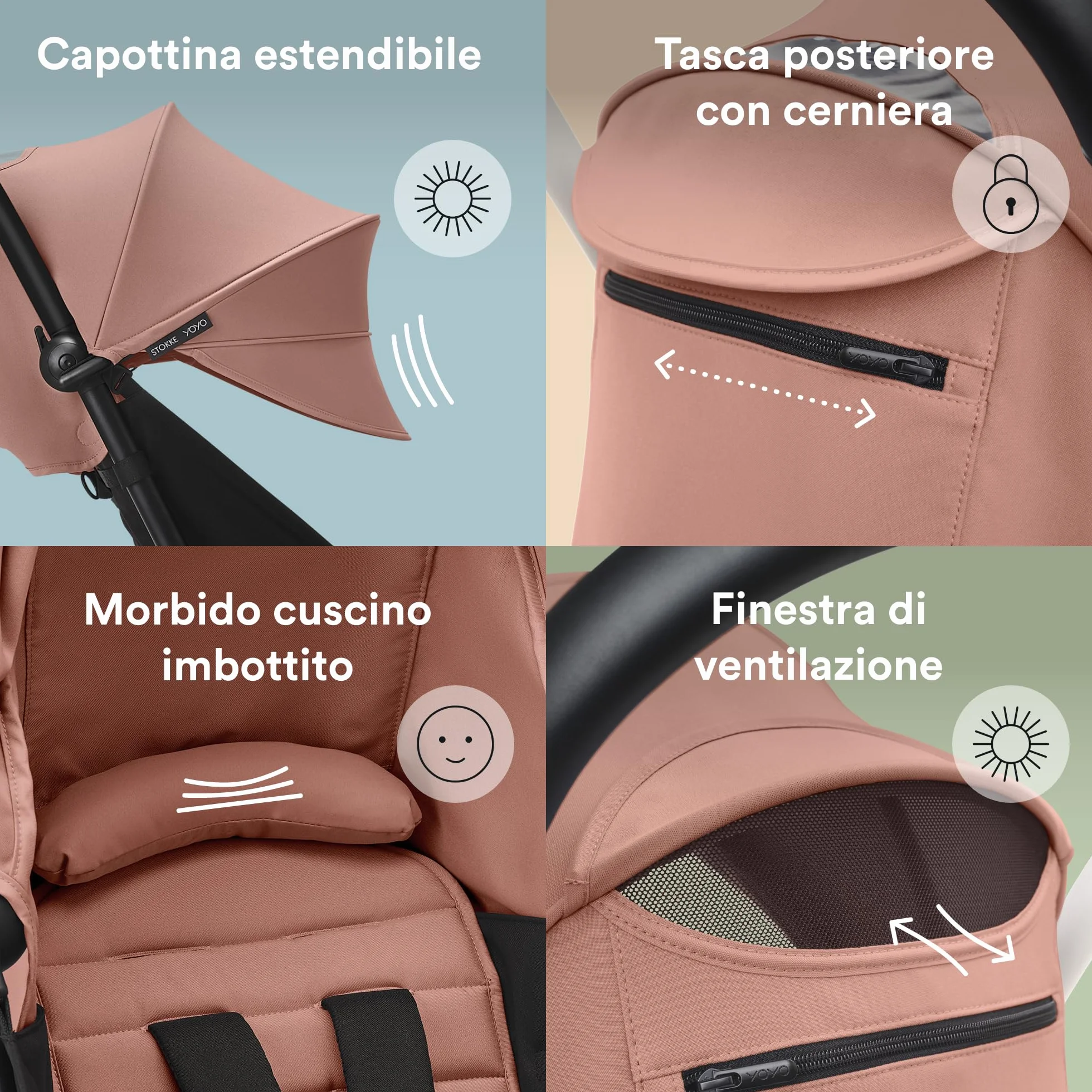 Stokke YOYO 6+ Color Pack, Ginger - Solo tessuti: cuscino per seduta, capottina estendibile e tasca posteriore con cerniera - Richiede telaio YOYO (venduto separatamente)
