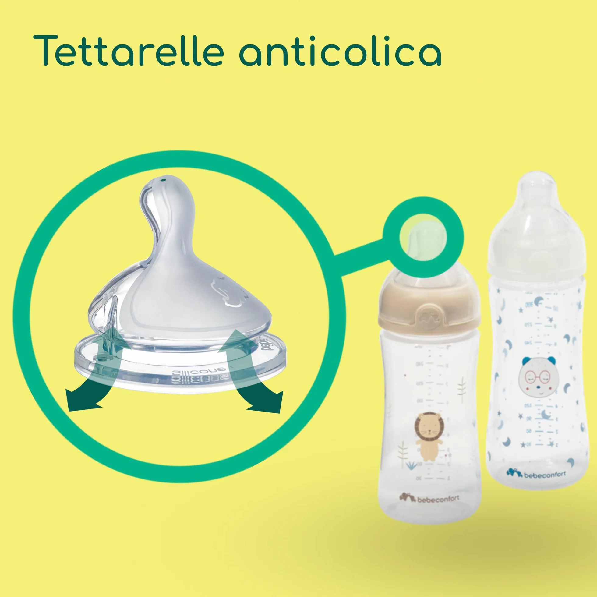 Bebeconfort Kit Biberon Neonato Physio Air Cresce-con-Me, Biberon Anticolica, 0+ mesi, Include 4 Biberon Neonato, 3 Misure di Tettarelle, Succhietto Anatomico, Design che si illumina al buio