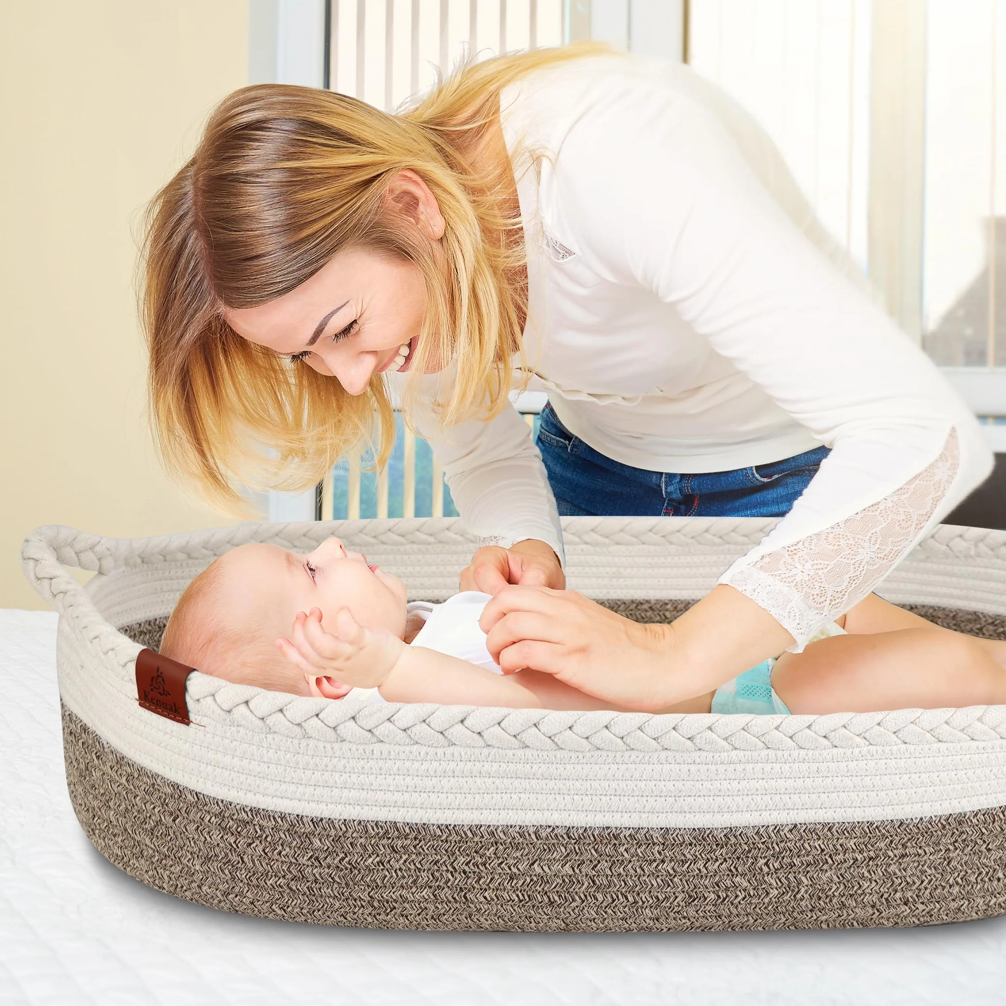 Cesta Fasciatoio per Bambini, Cestino per Neonati Portatile con Materasso Impermeabile, Cestino Fasciatoio con Materasso Impermeabile e Rivestimento Sfoderabile, Moses Cestino (terre)