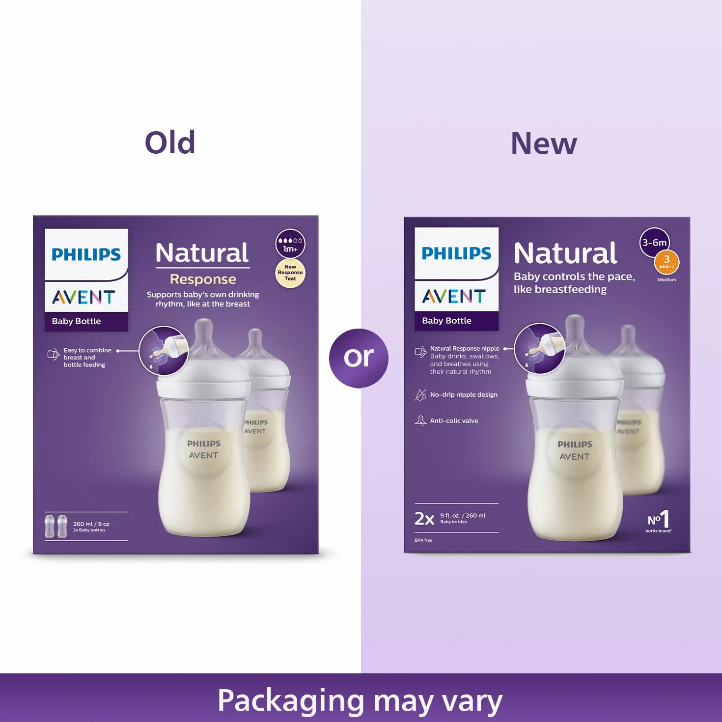 Philips Avent Biberon Natural Response - 2 biberon da 260 ml per neonati da 1 mese in su, senza BPA (modello SCY903/02)