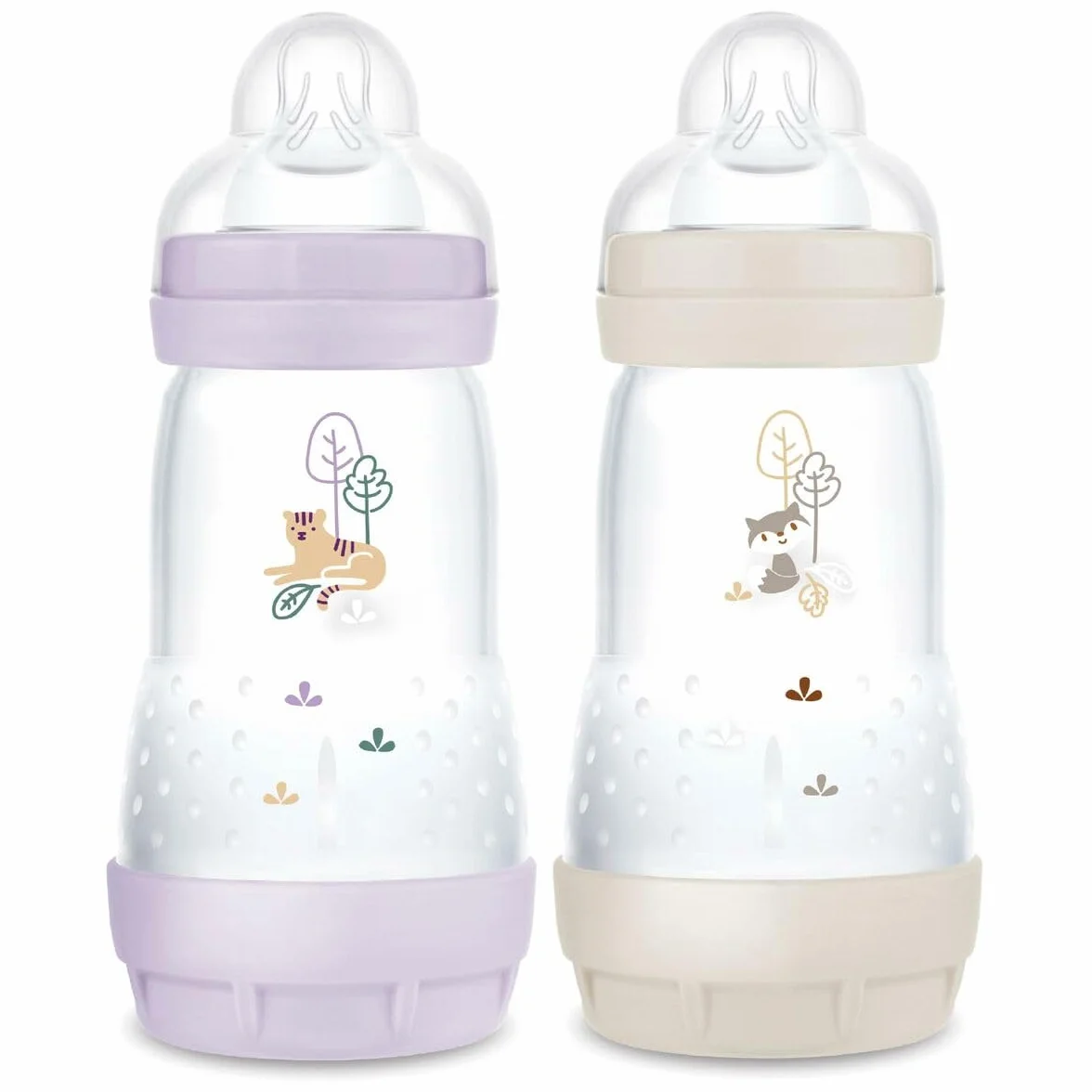 MAM Set di 2 biberon Easy Start Anti-Colica 2+ mesi flusso medio (2 x 260 ml) lilla + sabbia - Biberon per ridurre le coliche e il disagio del bambino - Biberon per l'allattamento