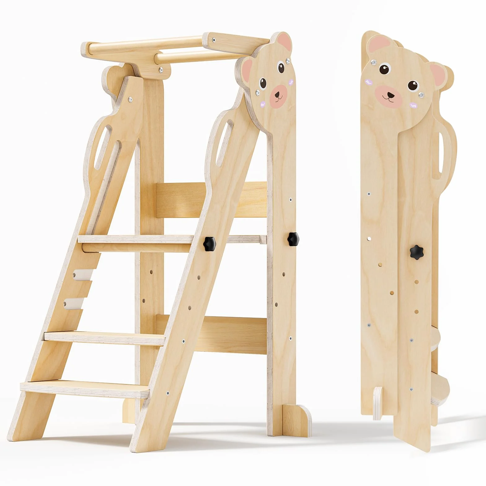 Torre di Apprendimento Pieghevole, 3 Altezze Regolabili, Fold Legno Torre Montessoriana da 1 a 6 Anni per Bambini, Montessori Learning Legno Naturale Kitchen Helper