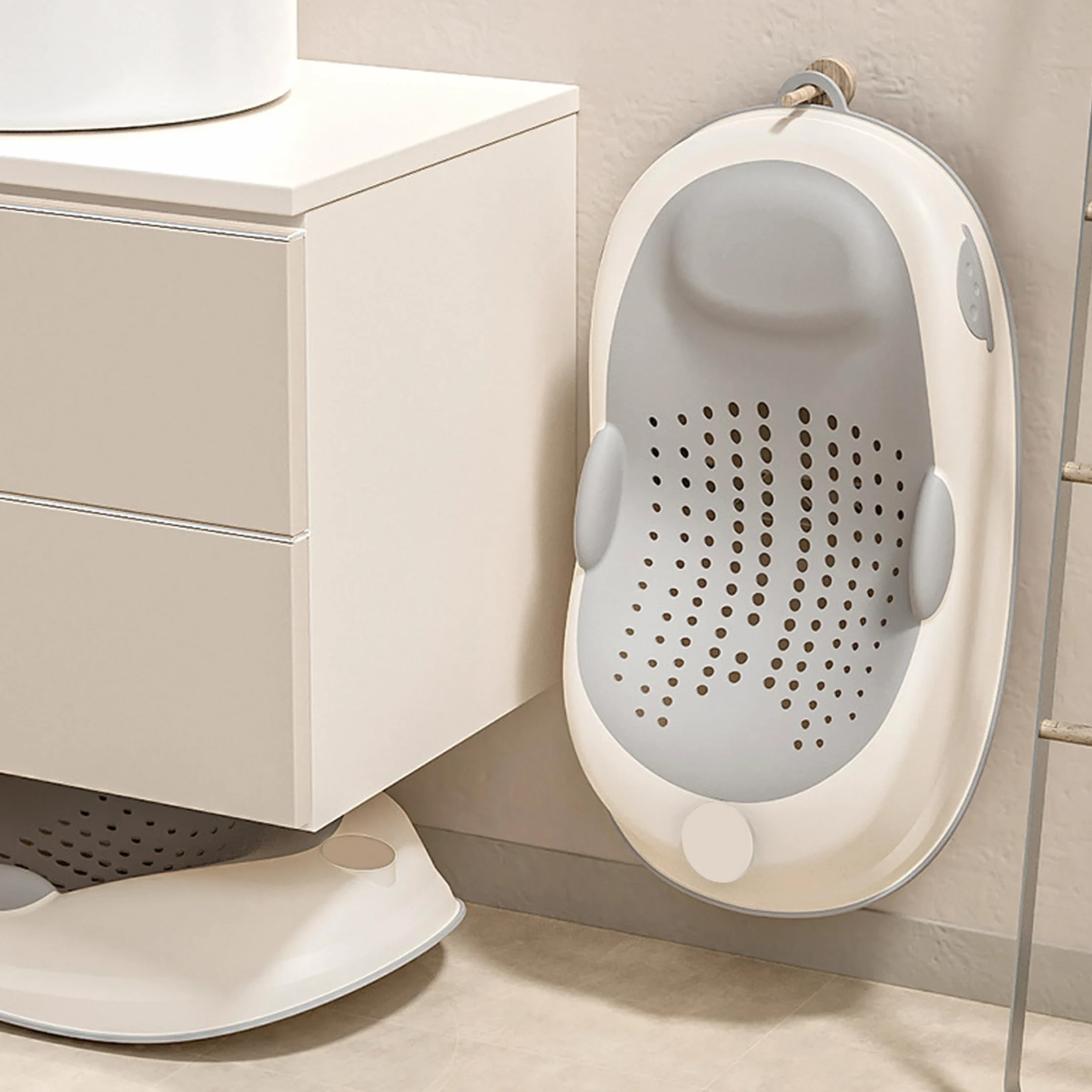 Supporto per bagnetto, seggiolino per vasca da bagno antiscivolo con supporto morbido per la colonna vertebrale e piedini pieghevoli, grigio