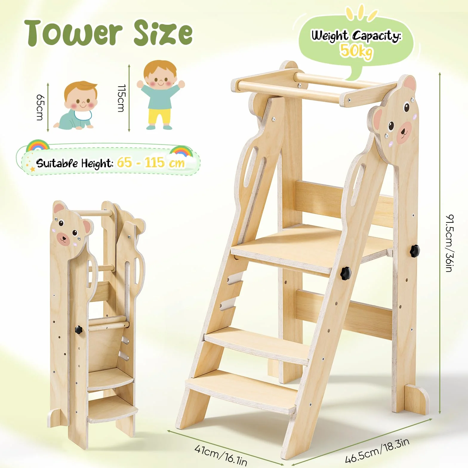 Torre di Apprendimento Pieghevole, 3 Altezze Regolabili, Fold Legno Torre Montessoriana da 1 a 6 Anni per Bambini, Montessori Learning Legno Naturale Kitchen Helper