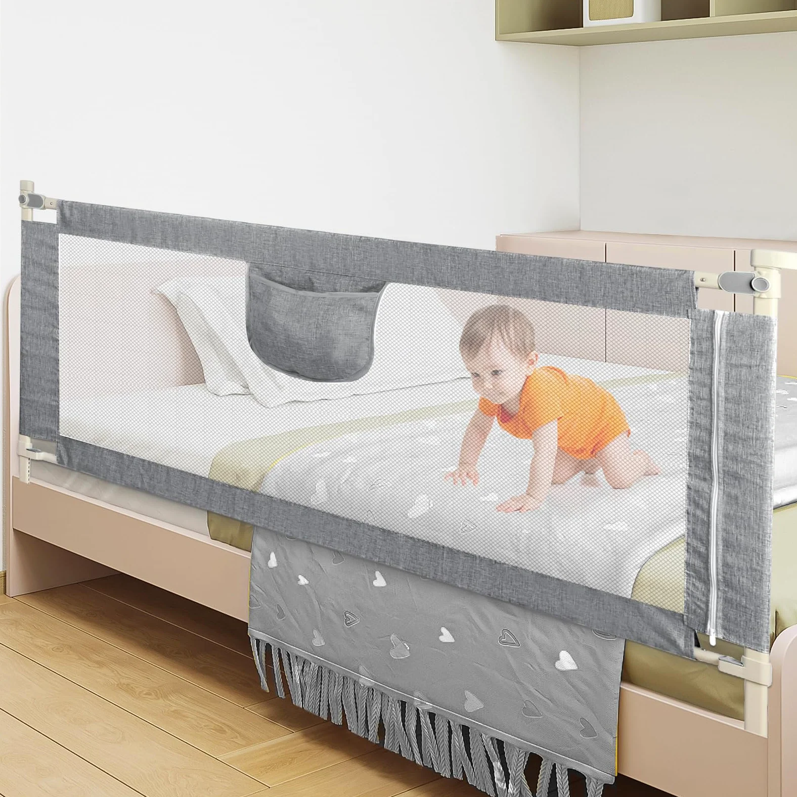 Barriera per letto per bambini da 175 cm, protezione contro le cadute, barriera di sicurezza per bambini con 10 altezze regolabili, telaio in metallo, pieghevole, stabile e durevole