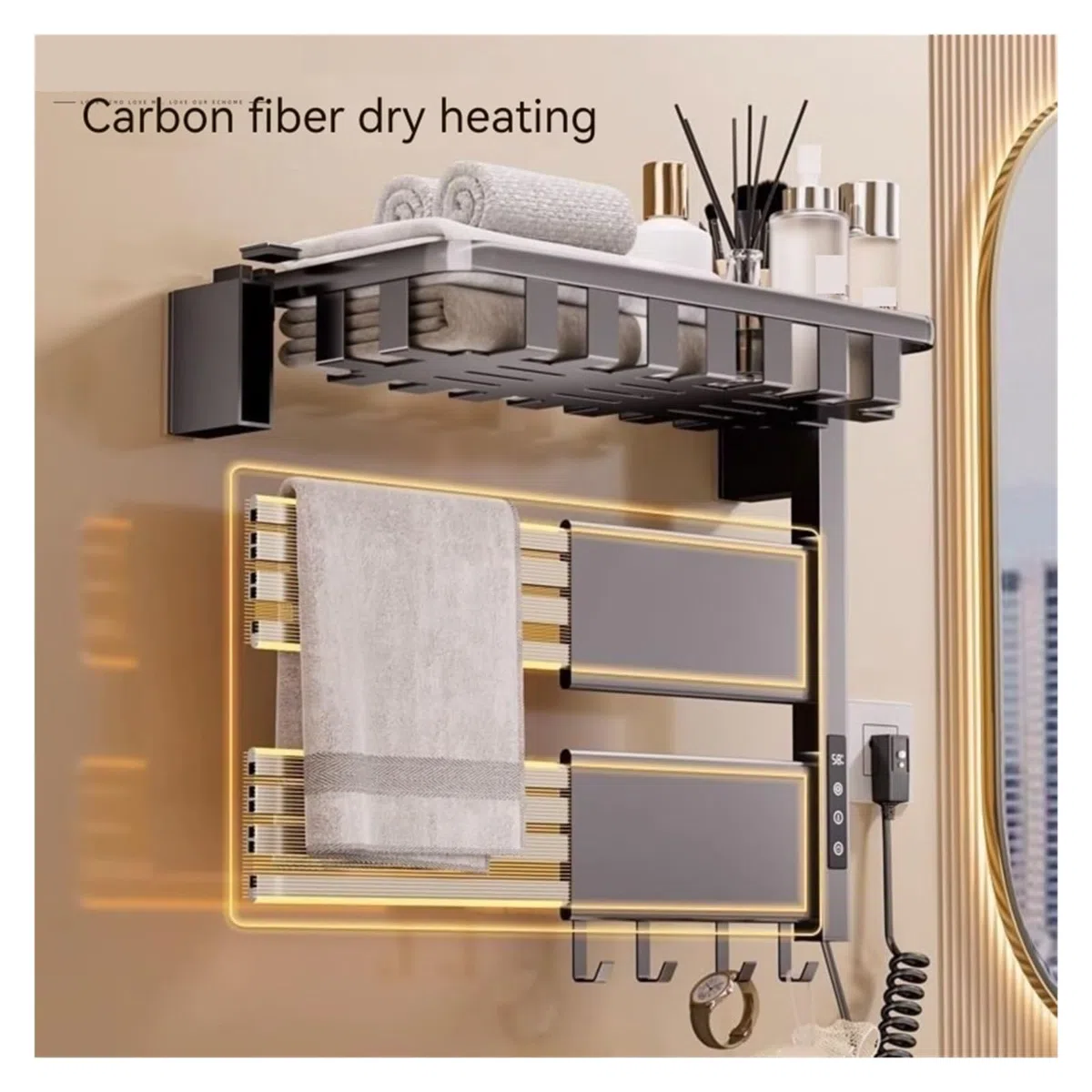 Portasciugamani Elettrico A Temperatura Controllata for La Casa, Riscaldamento, Stendibiancheria, Hotel, Portasciugamani Non Perforato, Accessori for Il Bagno Sicuro Efficace(Left,Gray-Shelf)