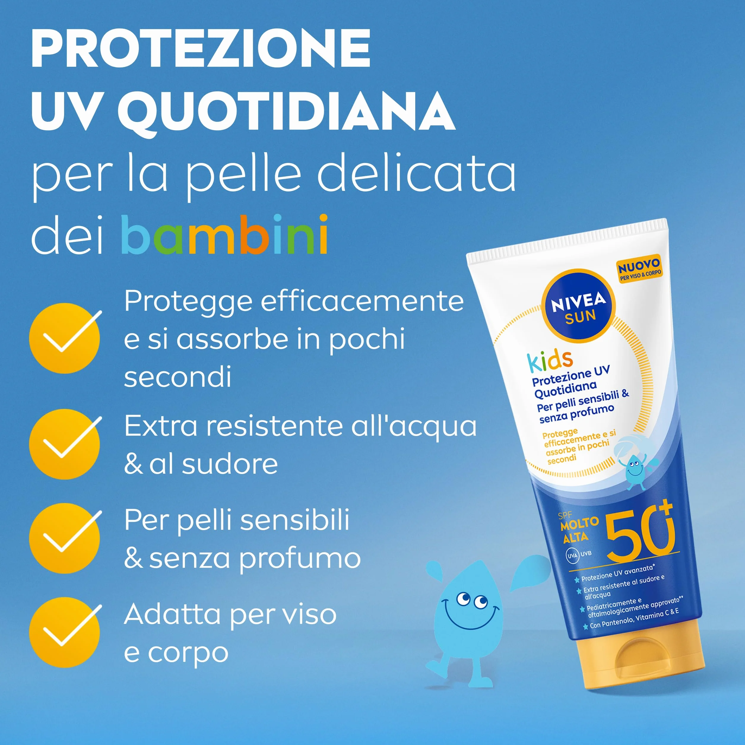NIVEA SUN Kids Protezione UV Quotidiana SPF 50+ 100 ml, Crema solare 50 bambini per viso e corpo, Protezione solare 50 bambini extra resistente all'acqua, Per pelli sensibili, Senza profumo