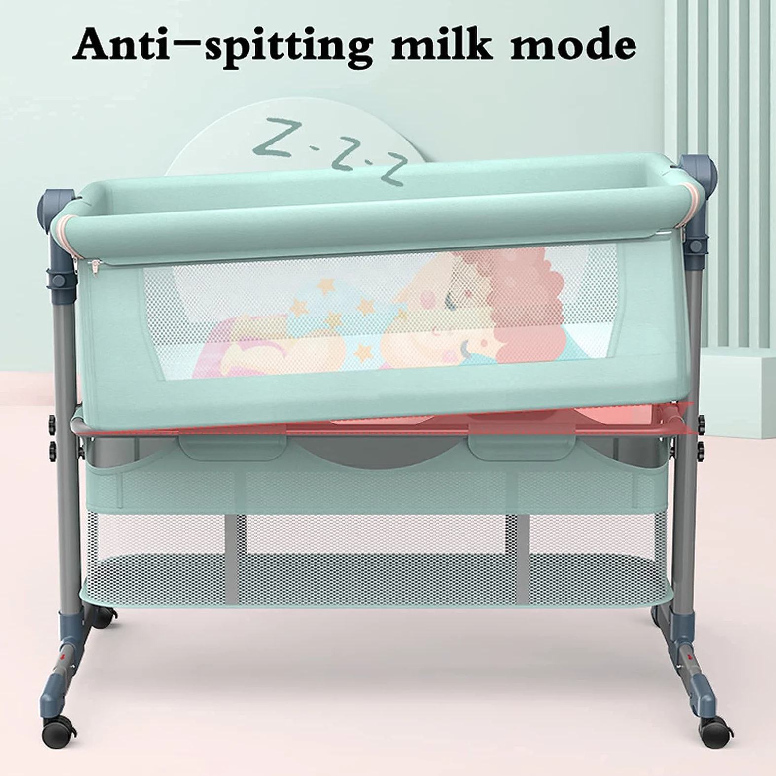 QUNINE Culla da Comodino, Lettino per Bambini co-Sleeping con Materasso, lettini Laterali Staccabili Finestra in Rete Regolabile in Altezza Culle per Bambole Ruote e Borsa da Viaggio, Giallo (Giallo)