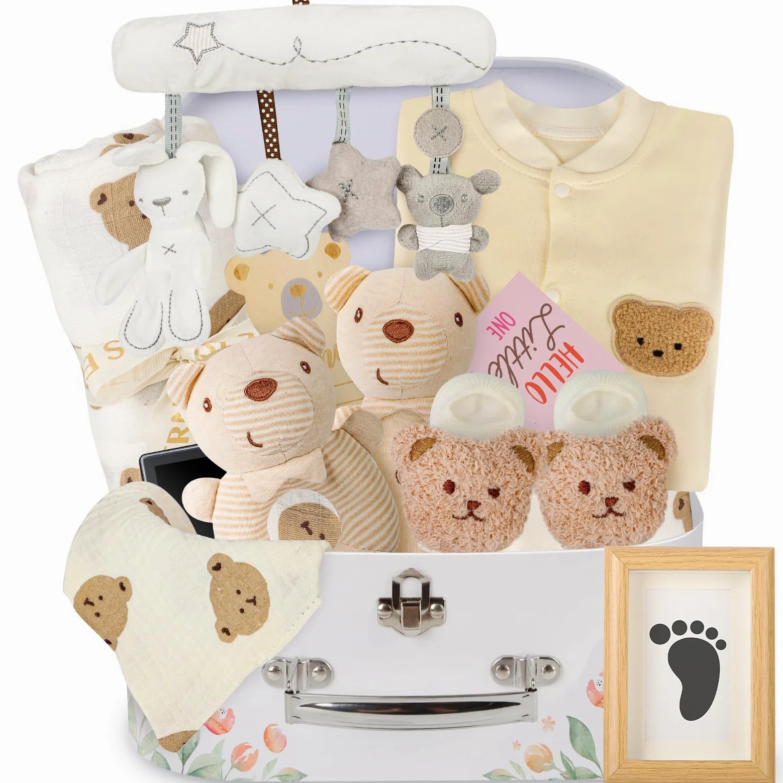 IEEILULU Regalo Nascita Bimba Bimbo, Baby Shower Regali, Regalo Neonato Unisex con Pagliaccetto Neonato, Peluche Giocattoli, Asciugamani Bagno per Bambini Bambine