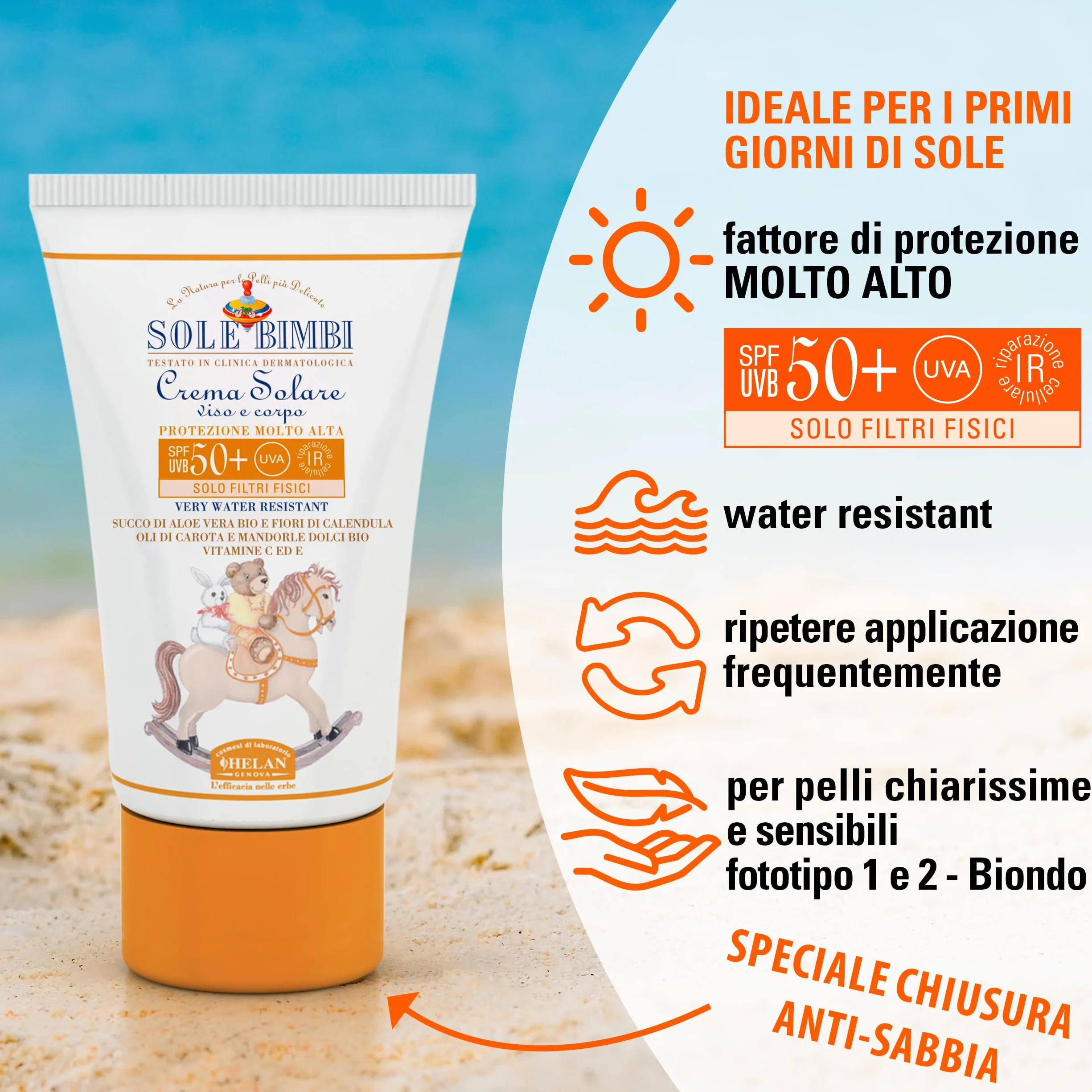 Helan, Sole Bimbi - Crema Solare 50+ Bambini e Neonati, Protezione Solare 50+ SPF Molto Alta contro Raggi UVB/UVA, Crema Solare Viso e Corpo con Olio di Mandorle Dolci, Vitamina E e Aloe Vera, 50 ml