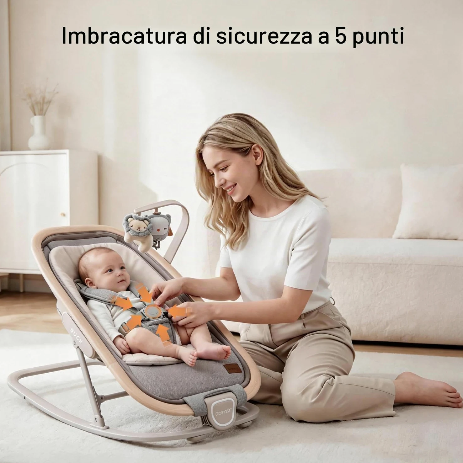 Gromast Sedia a dondolo 2 in 1 per neonati, dondolo portatile con 3 posizioni reclinabili, giocattoli da appendere e borsa da viaggio - Grigio chiaro