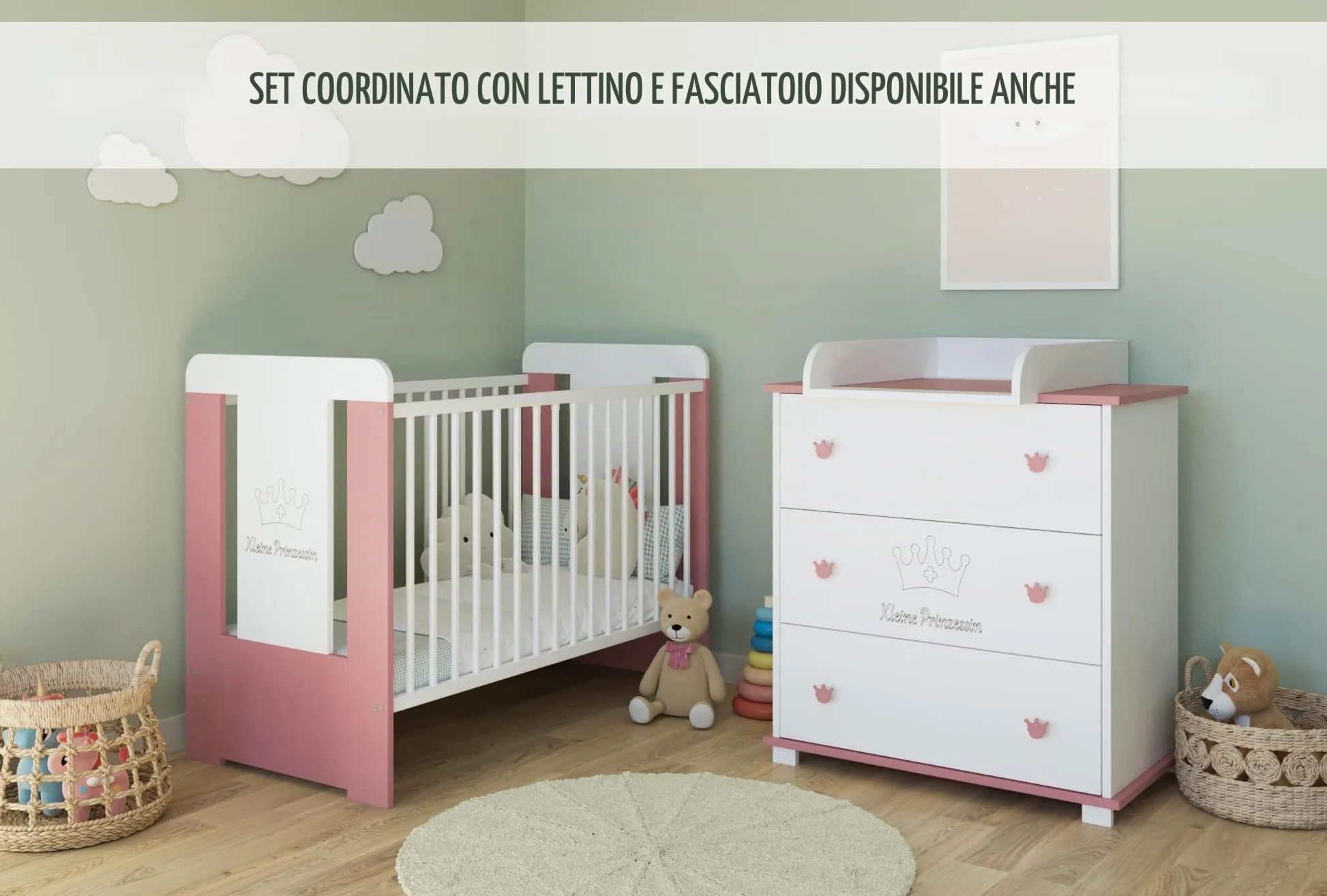 Kids Collective Cassettiera fasciatoio fasciatoio con attacco per fasciatoio con 3 cassetti e incisione Little Princess in bianco rosa ragazze Made in Europe