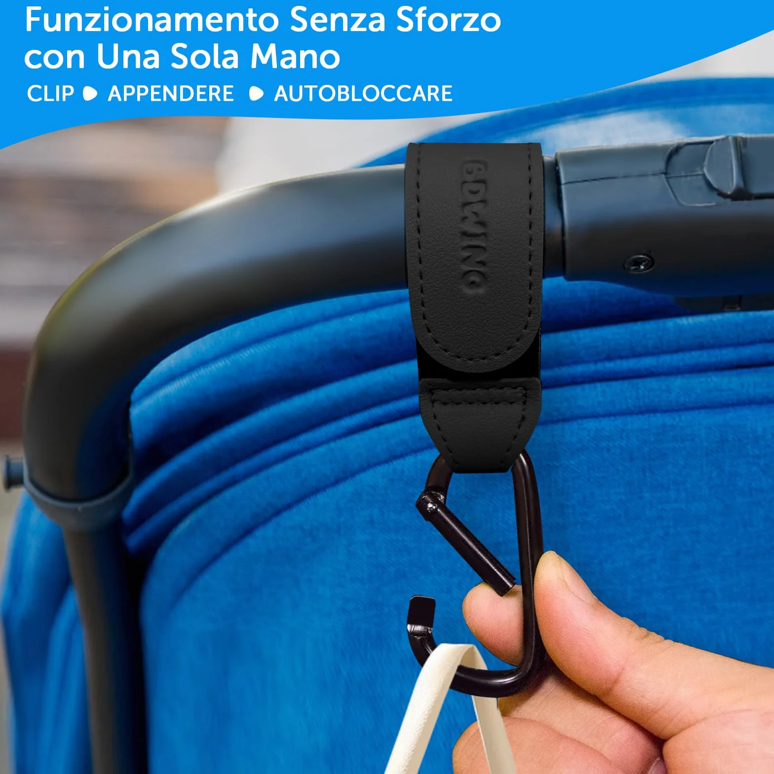 Ganci per Passeggino Porta Borse in Pelle, 2 Pezzi Universali Accessori Passeggino per Appendere Borse, Zaini e Borsa della Spesa, Antiscivolo, Cuciture Forti (Nero)