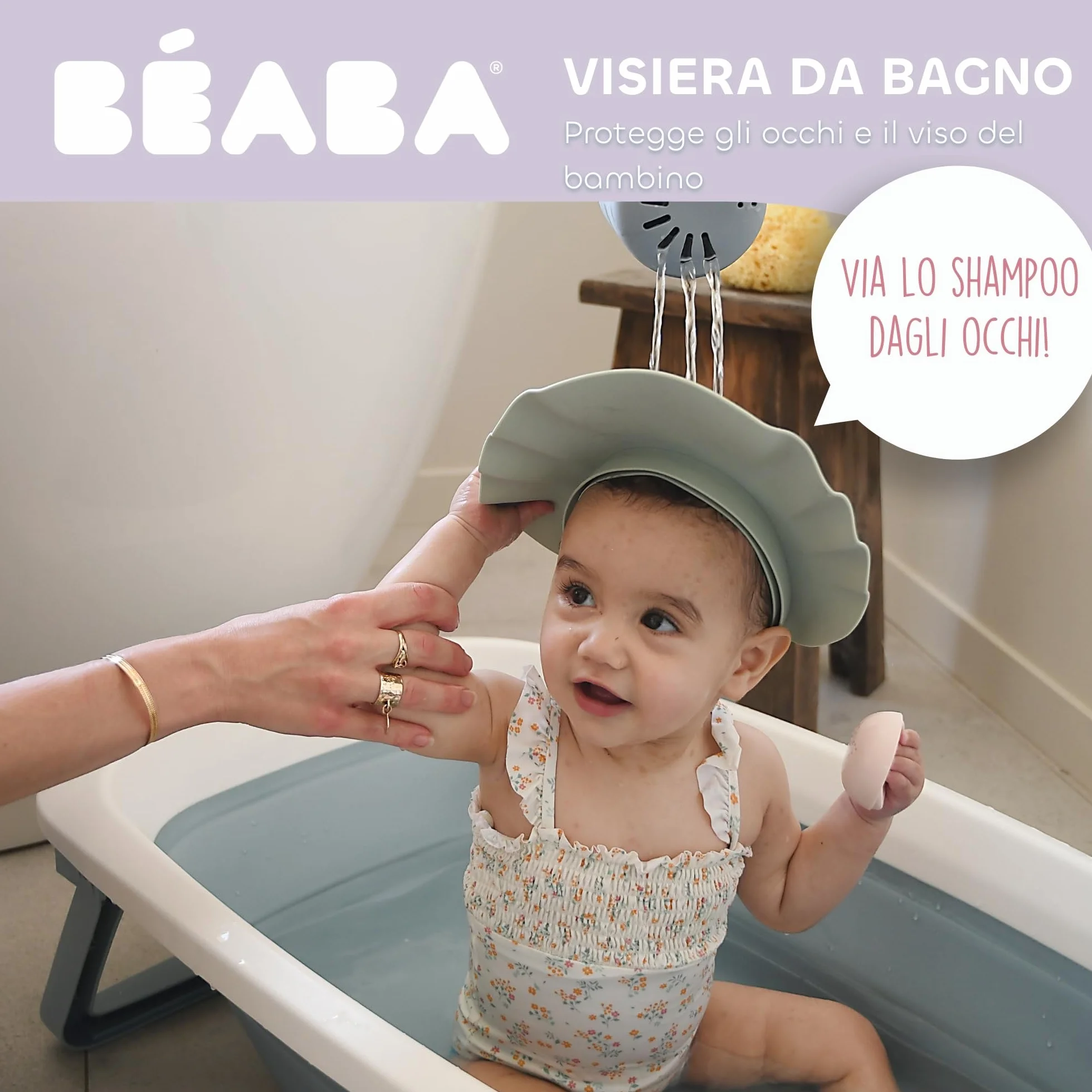 BÉABA, Cappello da Doccia per Bambini, Cuffia da Bagno, Fascia Regolabile, 5 Posizioni, Protezione per Occhi e Orecchie, Silicone Morbido e Flessibile, Grigio Verde
