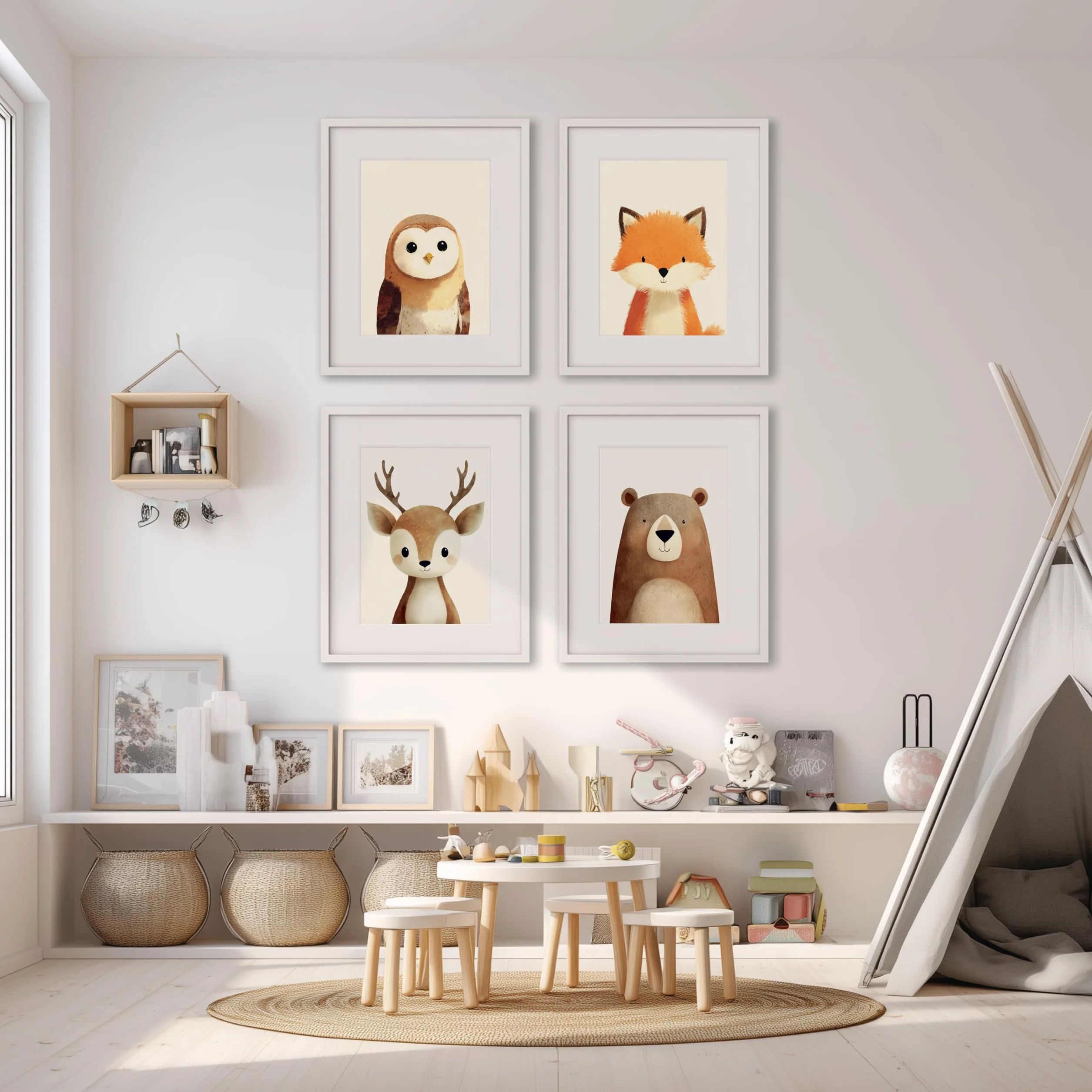 PACKLIST® Set 4 Quadretti Cameretta Neonato – Poster Animali del Bosco (Orso, Volpe, Cervo, Gufo) – Stampe A4 Premium 250g – Decorazione Parete Bambini Senza Cornice – Idea Regalo Nascita