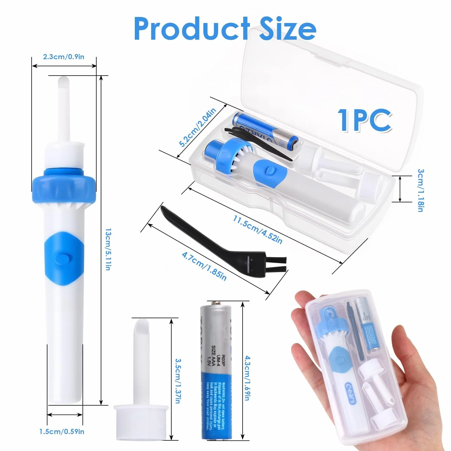 Yuio Pulisci Orecchie Elettrico, Aspiratore Cerume Orecchie Con 2 Teste di Ricambio in Silicone e una batteria, Pulizia orecchie, Rimuovi Cerume Orecchie per Adulti Bambini Anziani