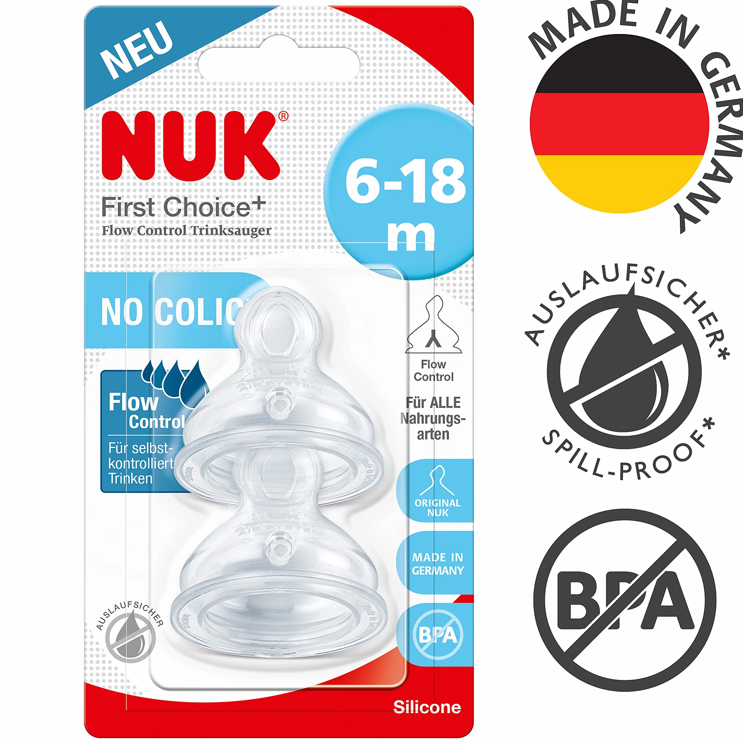NUK - First Choice+ Flow Control, tettarelle per biberon, 6-18 mesi, valvola anti-colica, senza BPA, 2 pezzi