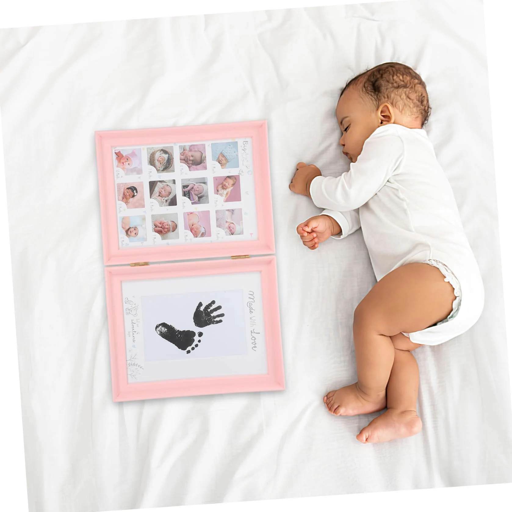 Cornice Ricordo Crescita Bebè Rosa, Doppia Apertura, Kit Impronte Mani e Piedi, in Plastica Pvc e Cartone, Regalo Nascita e Compleanno